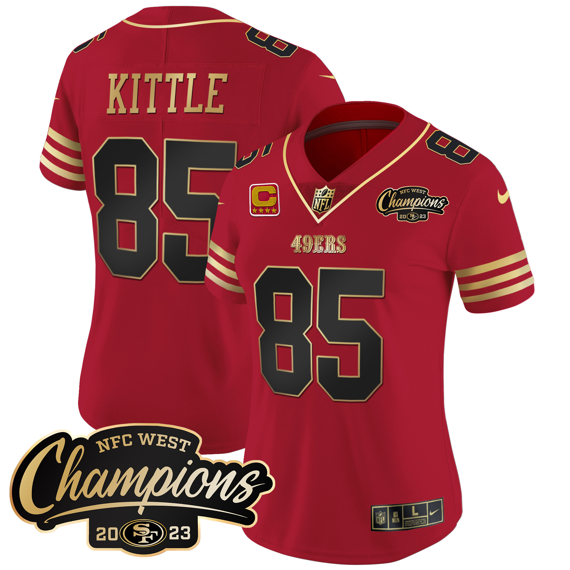 Women's George Kittle San Francisco 49ers 2023 NFC West Champions Patch Vapor Black Scarlet Jersey - All Stitched