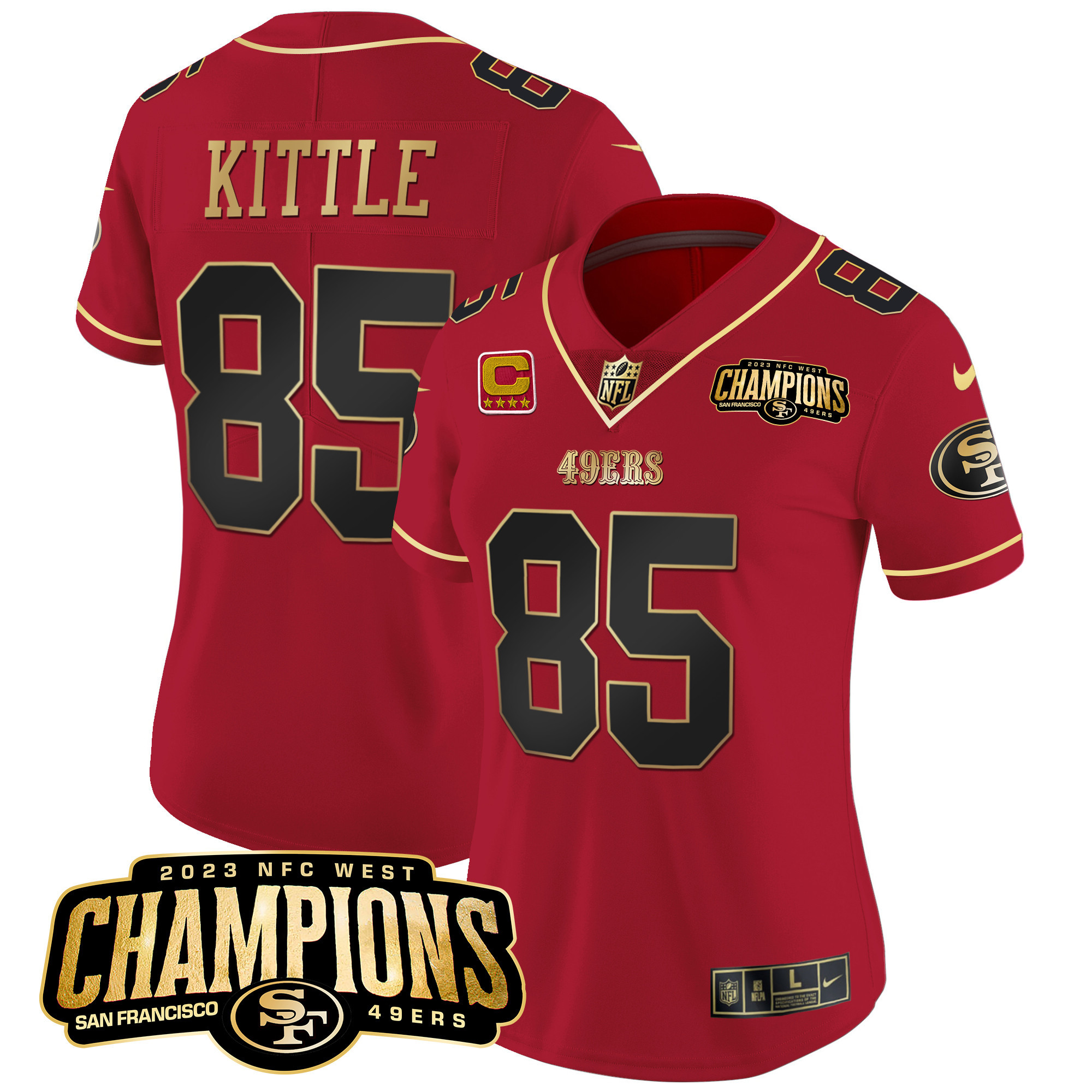 Women's George Kittle San Francisco 49ers 2023 NFC West Champions Patch Vapor Scarlet Limited Jersey V2 - All Stitched