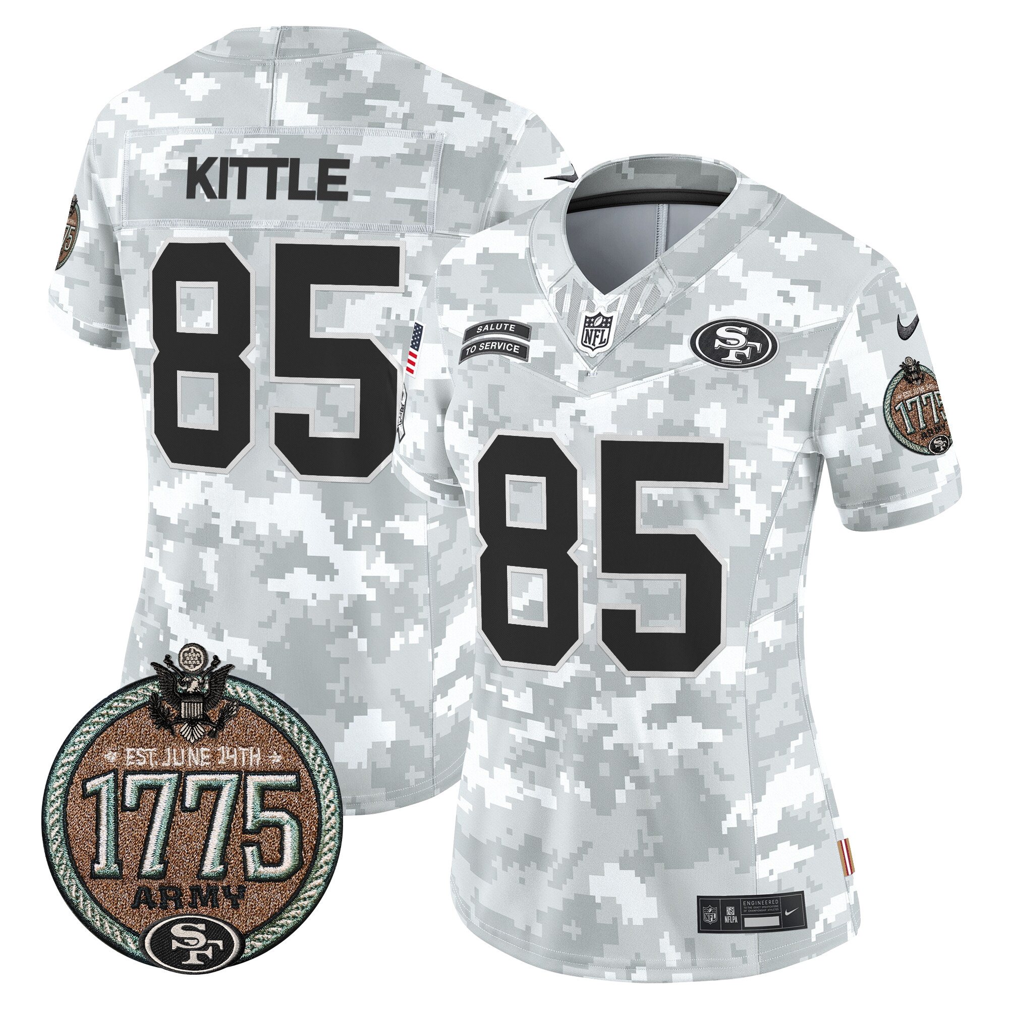 Women's George Kittle San Francisco 49ers 2024 Salute to Service Establishment Year Patch Vapor Limited Army Jersey - All Stitched