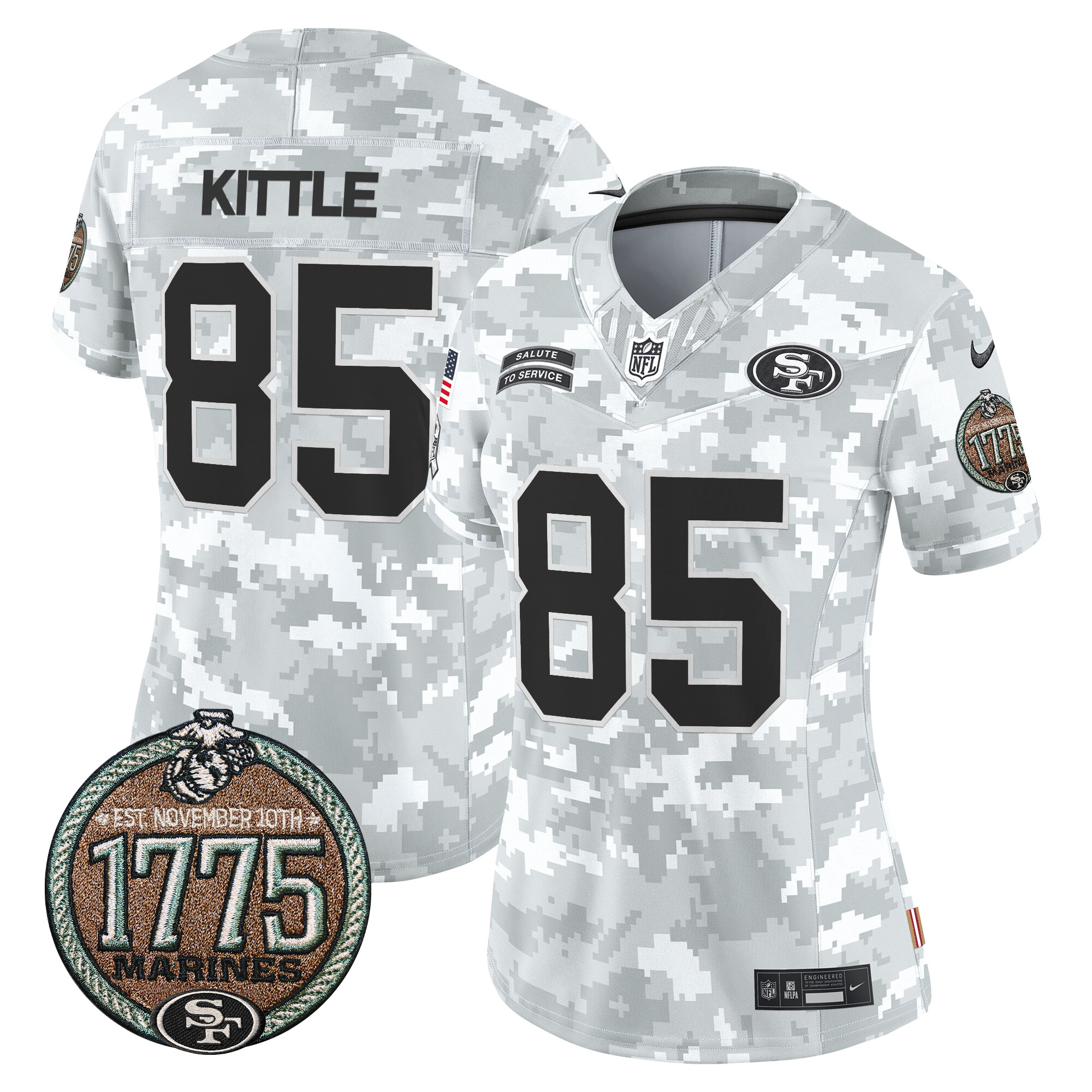 Women's George Kittle San Francisco 49ers 2024 Salute to Service Establishment Year Patch Vapor Limited Marines Jersey - All Stitched