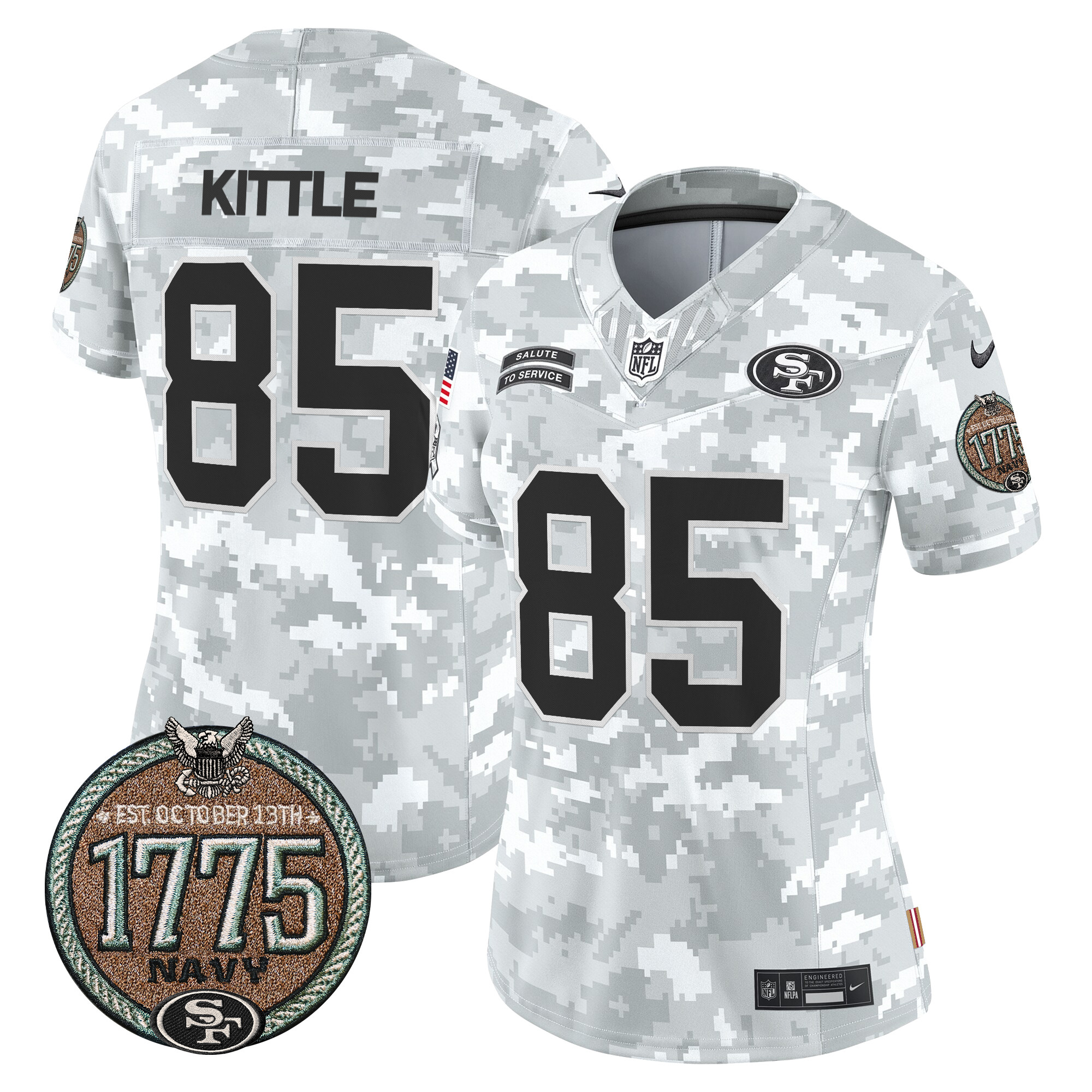 Women's George Kittle San Francisco 49ers 2024 Salute to Service Establishment Year Patch Vapor Limited Navy Jersey - All Stitched