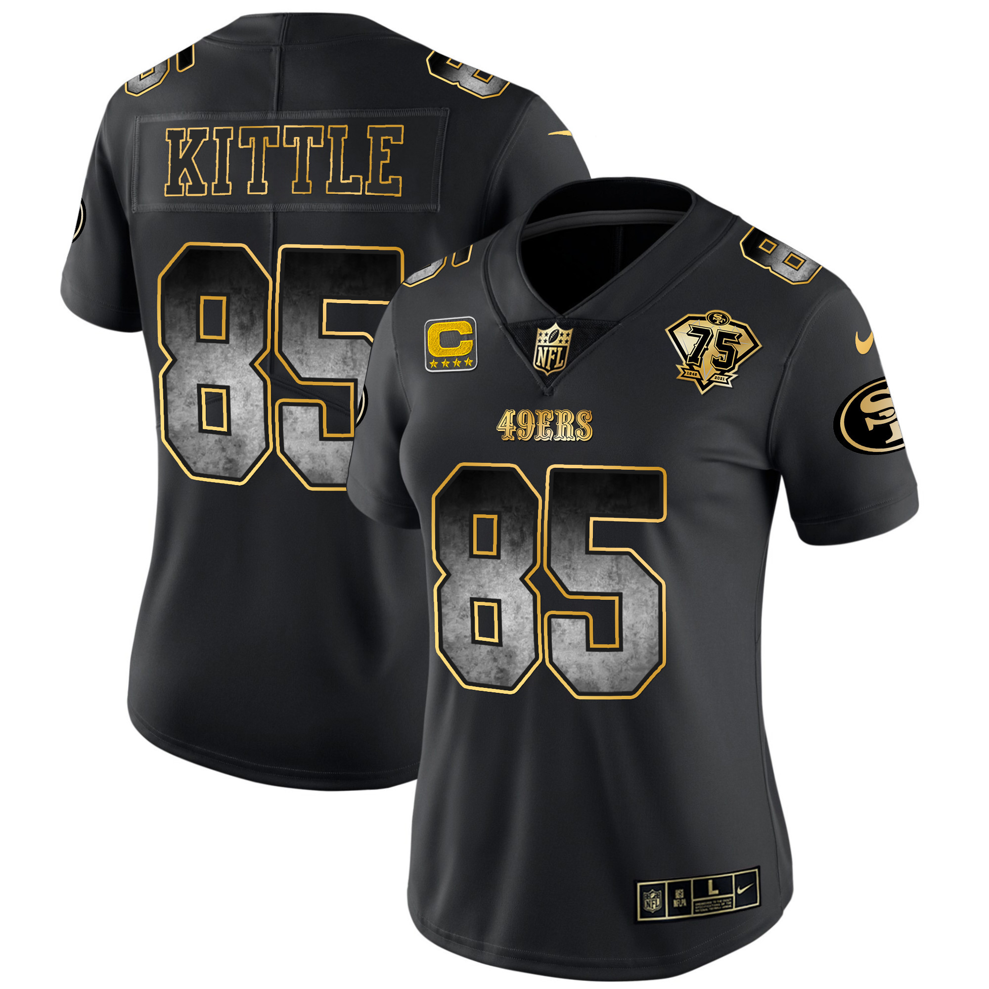 Women's George Kittle San Francisco 49ers Arch Smoke Vapor Black Gold Jersey - All Stitched