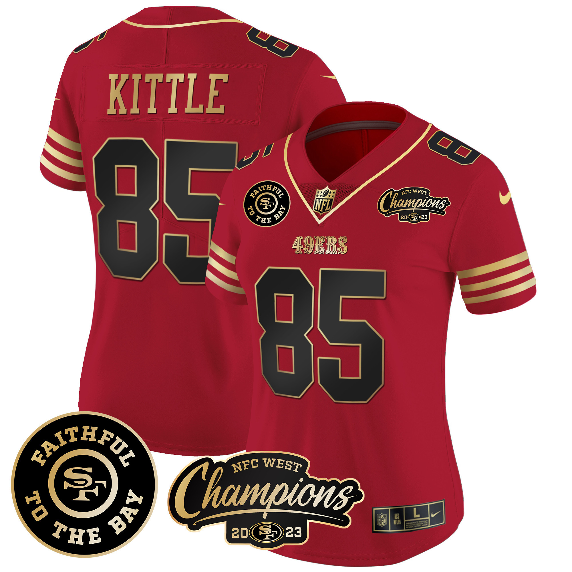 Women's George Kittle San Francisco 49ers Faithful & 2023 NFC West Champions Patch Vapor Black Scarlet Jersey - All Stitched