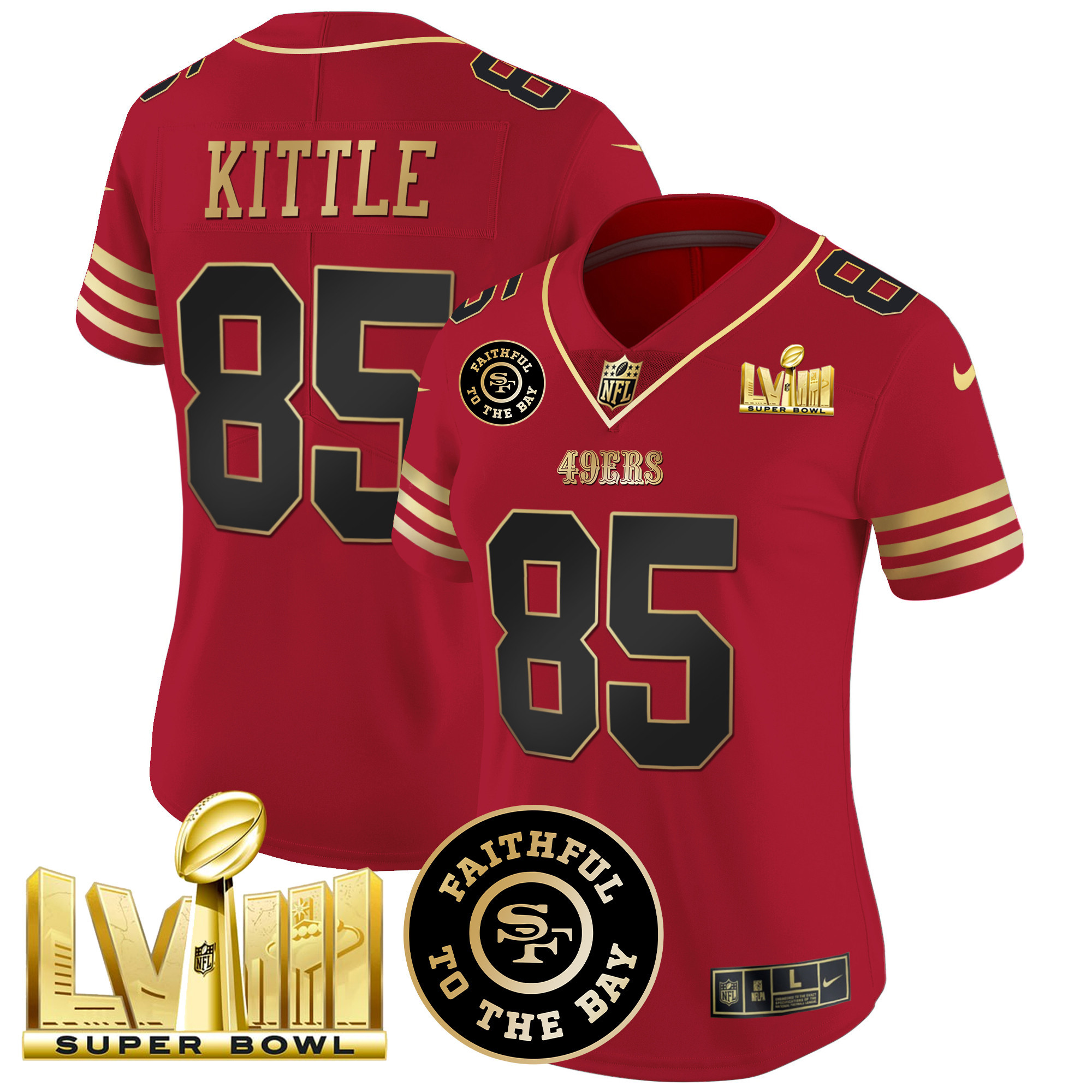 Women's George Kittle San Francisco 49ers Faithful & Super Bowl LVIII Gold Patch Vapor Black Scarlet Jersey - All Stitched