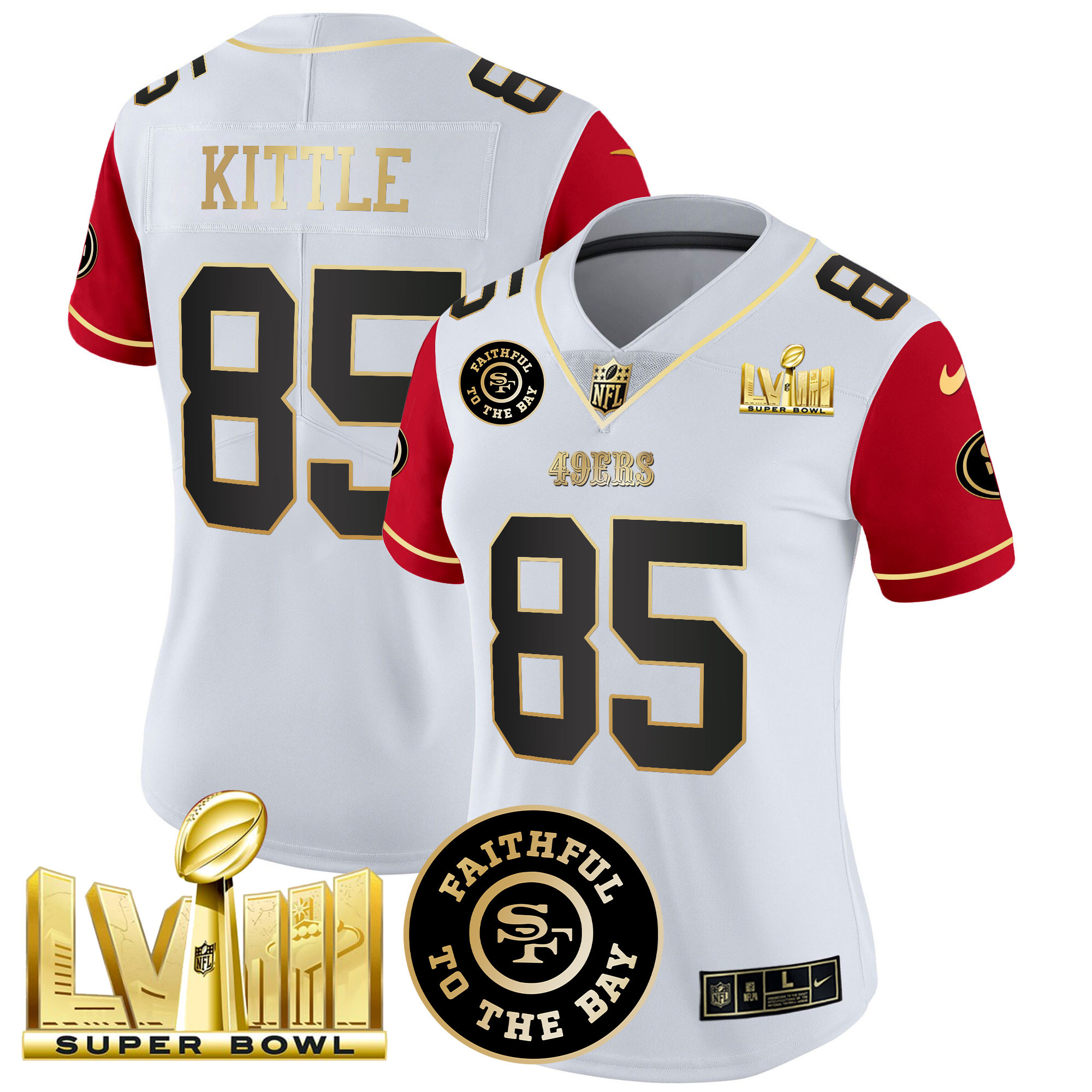 Women's George Kittle San Francisco 49ers Faithful & Super Bowl LVIII Gold Patch Vapor Color Sleeves Jersey V2 - All Stitched