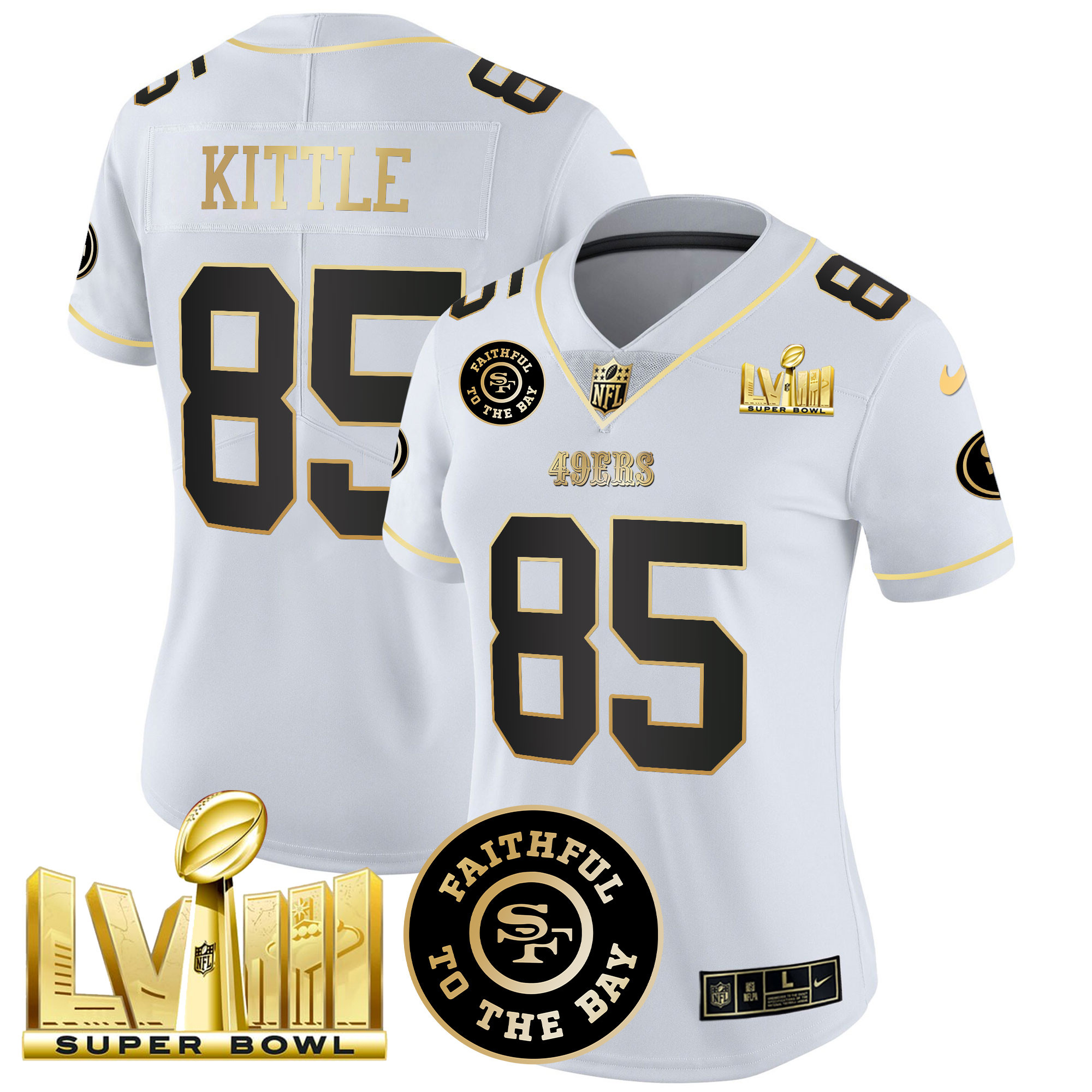 Women's George Kittle San Francisco 49ers Faithful & Super Bowl LVIII Gold Patch Vapor White Gold Jersey V2 - All Stitched