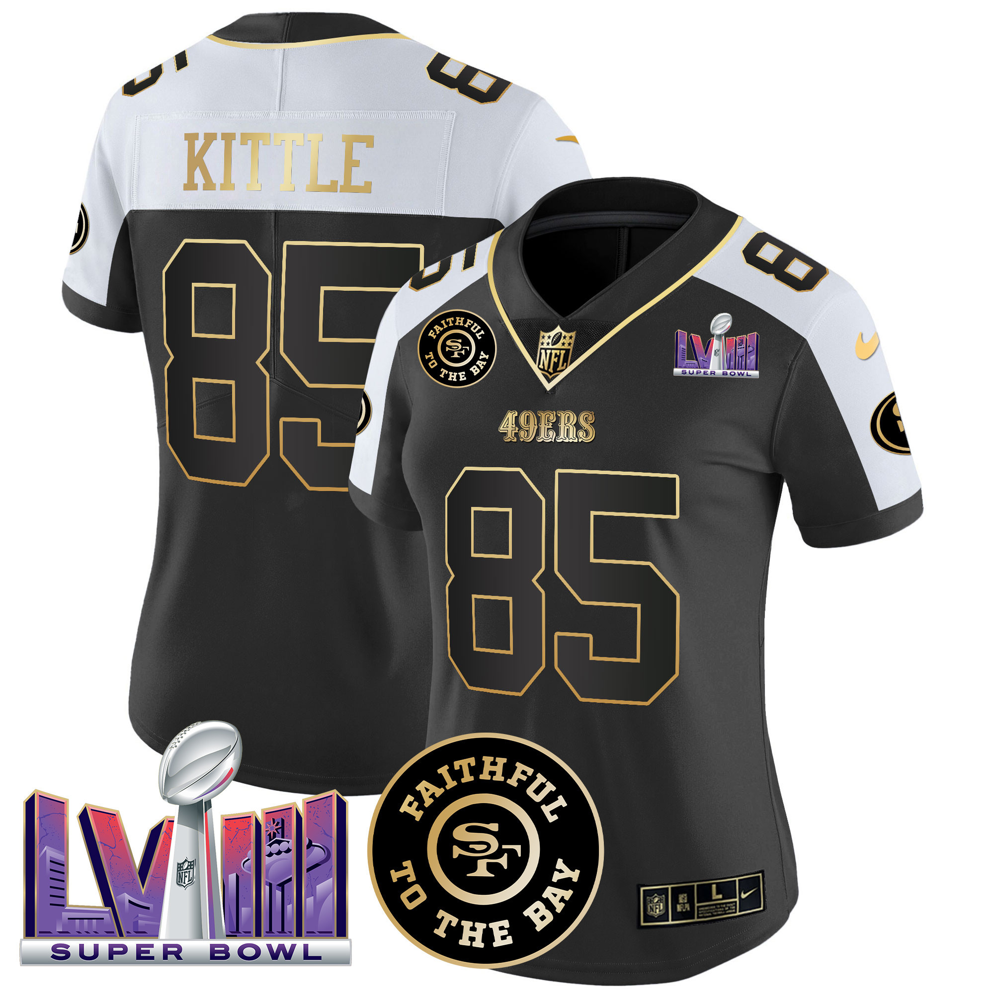 Women's George Kittle San Francisco 49ers Faithful & Super Bowl LVIII Patch Vapor Black Alternate Jersey V2 - All Stitched