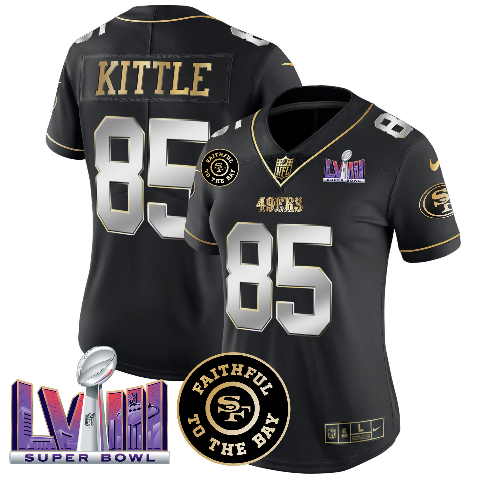 Women's George Kittle San Francisco 49ers Faithful & Super Bowl LVIII Patch Vapor Black Limited Jersey - All Stitched