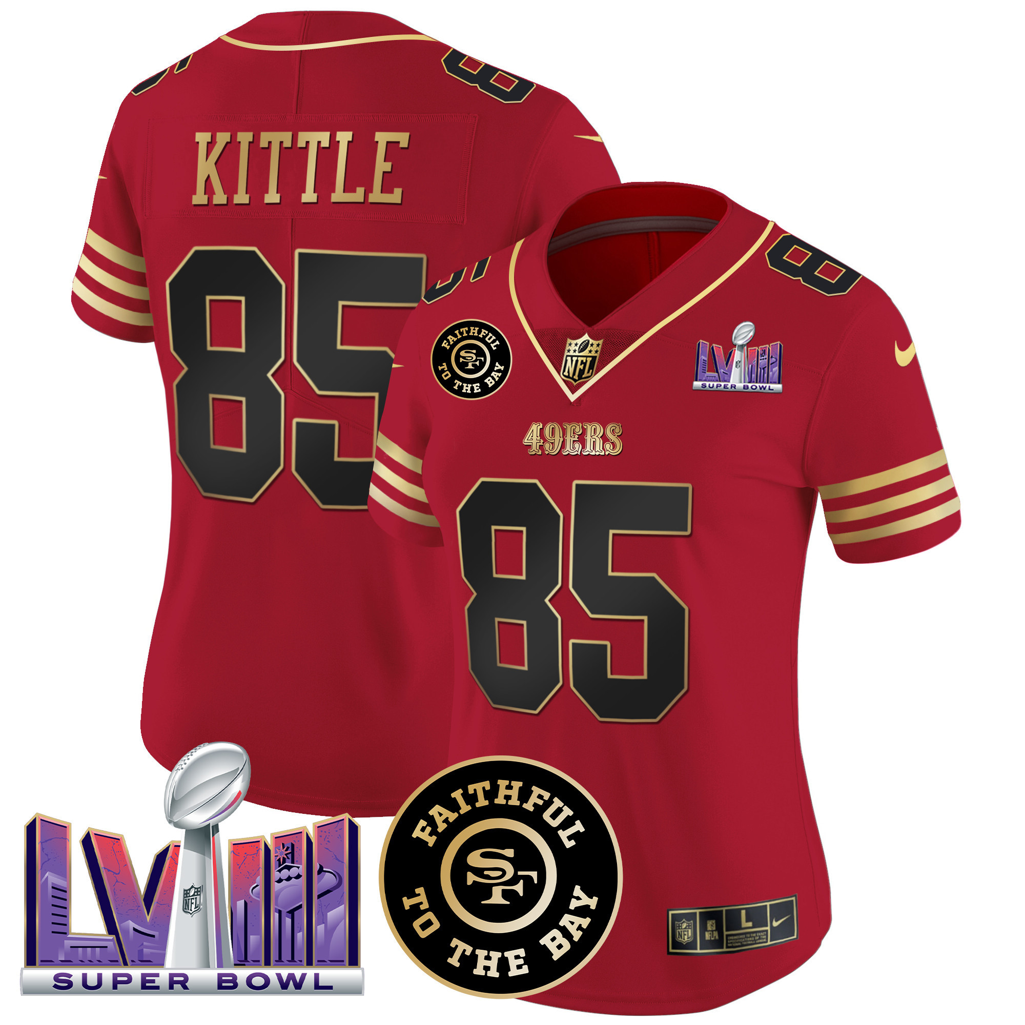 Women's George Kittle San Francisco 49ers Faithful & Super Bowl LVIII Patch Vapor Black Scarlet Jersey - All Stitched