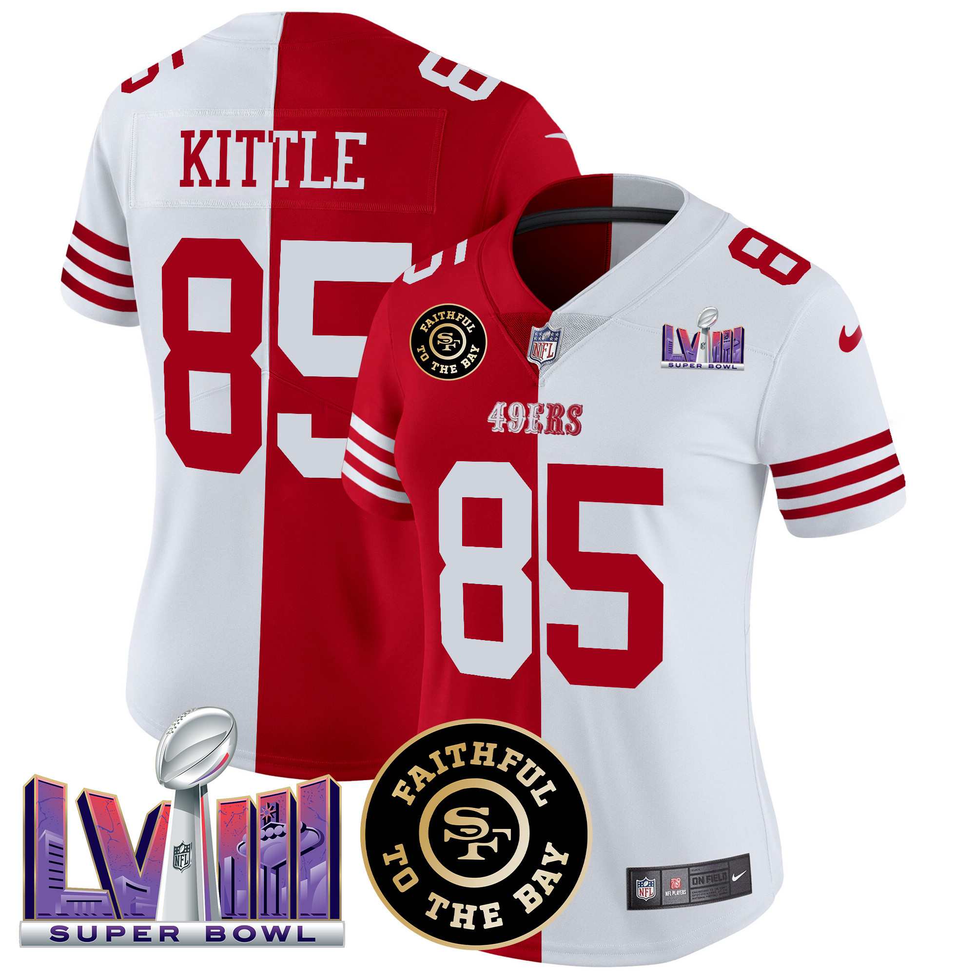 Women's George Kittle San Francisco 49ers Faithful & Super Bowl LVIII Patch Vapor Split Jersey V2 - All Stitched