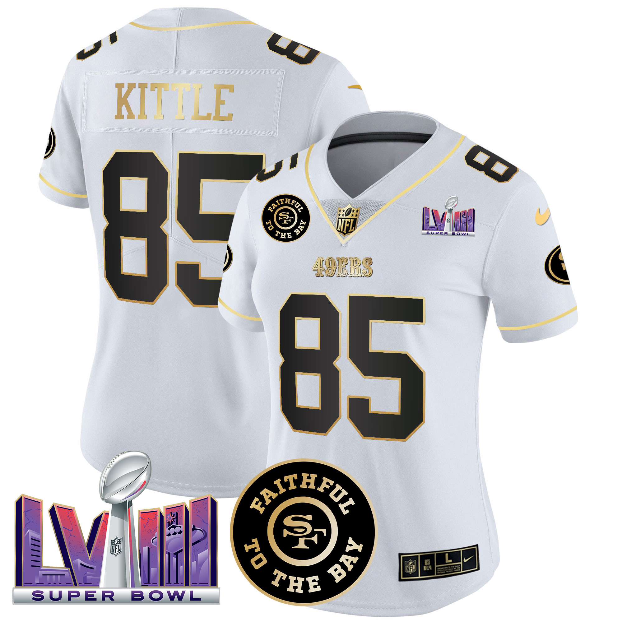 Women's George Kittle San Francisco 49ers Faithful & Super Bowl LVIII Patch Vapor White Gold Jersey V2 - All Stitched