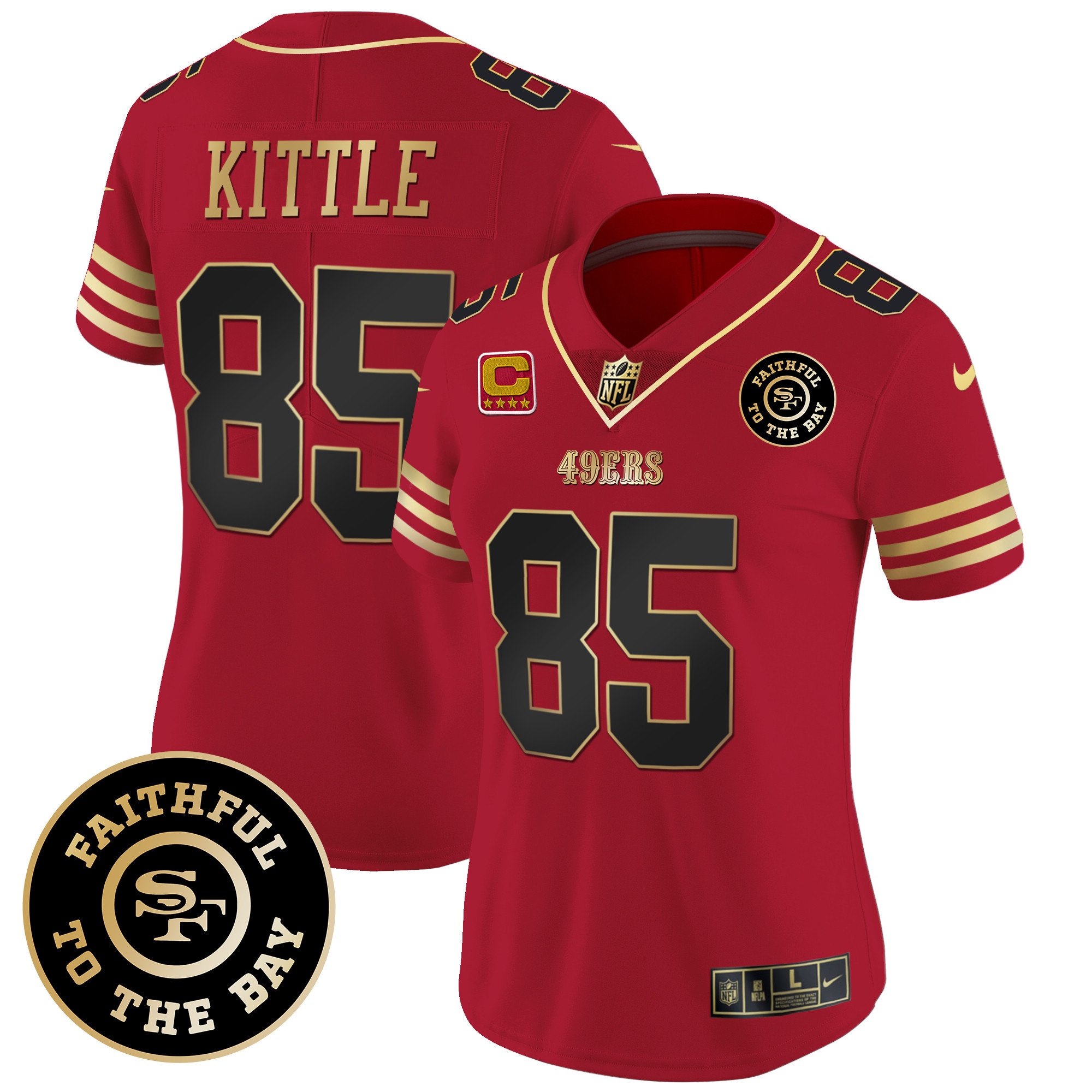 Women's George Kittle San Francisco 49ers Faithful To The Bay Patch Vapor Limited Black Scarlet Jersey V7 - All Stitched