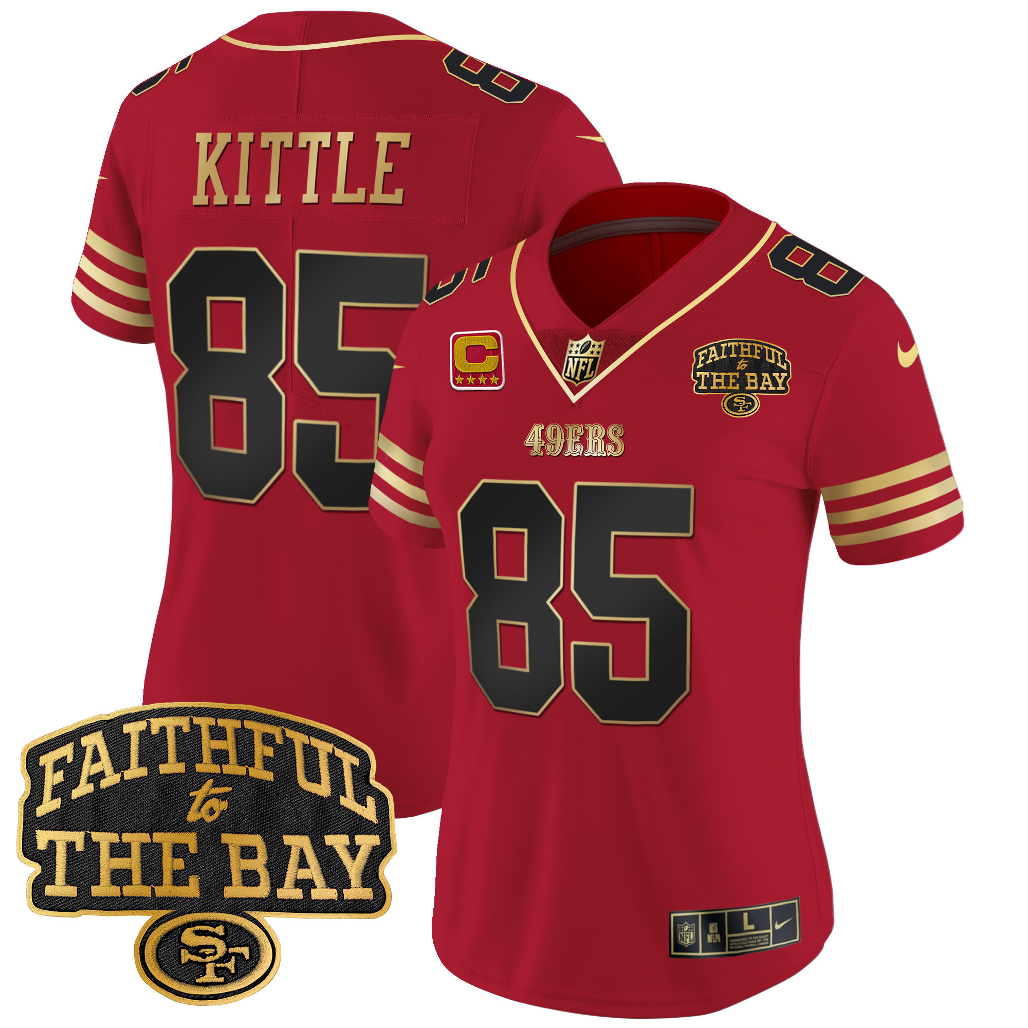 Women's George Kittle San Francisco 49ers Faithful To The Bay Patch Vapor Limited Black Scarlet Jersey V8 - All Stitched