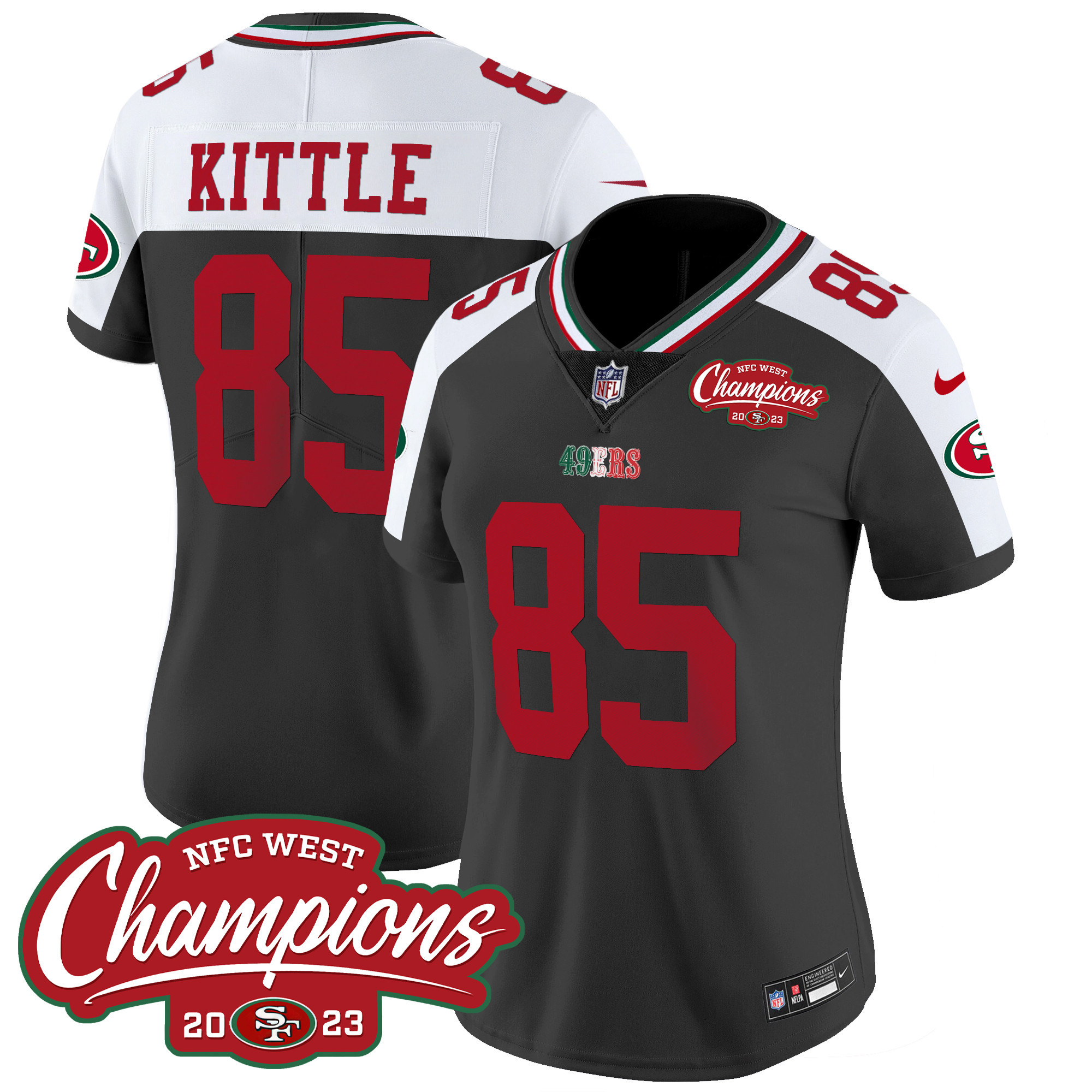 Women's George Kittle San Francisco 49ers Mexico 2023 NFC West Champions Patch Vapor Black Alternate Jersey - All Stitched