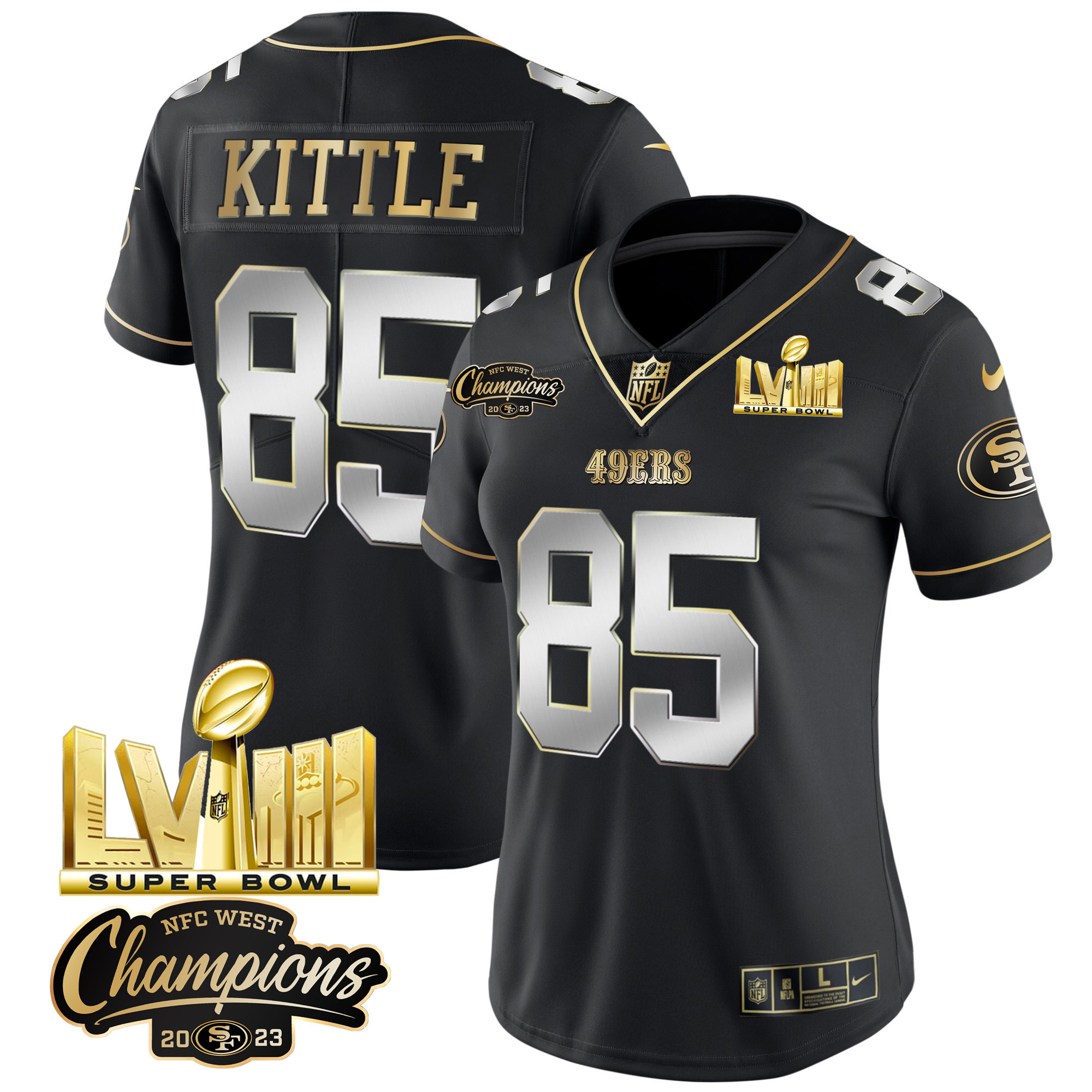 Women's George Kittle San Francisco 49ers NFC West Champions & Super Bowl LVIII Gold Patch Vapor Black Limited Jersey V2 - All Stitched