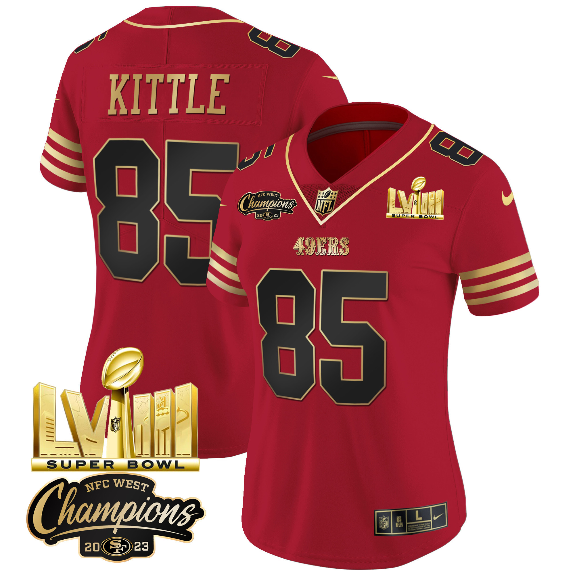 Women's George Kittle San Francisco 49ers NFC West Champions & Super Bowl LVIII Gold Patch Vapor Black Scarlet Jersey V2 - All Stitched