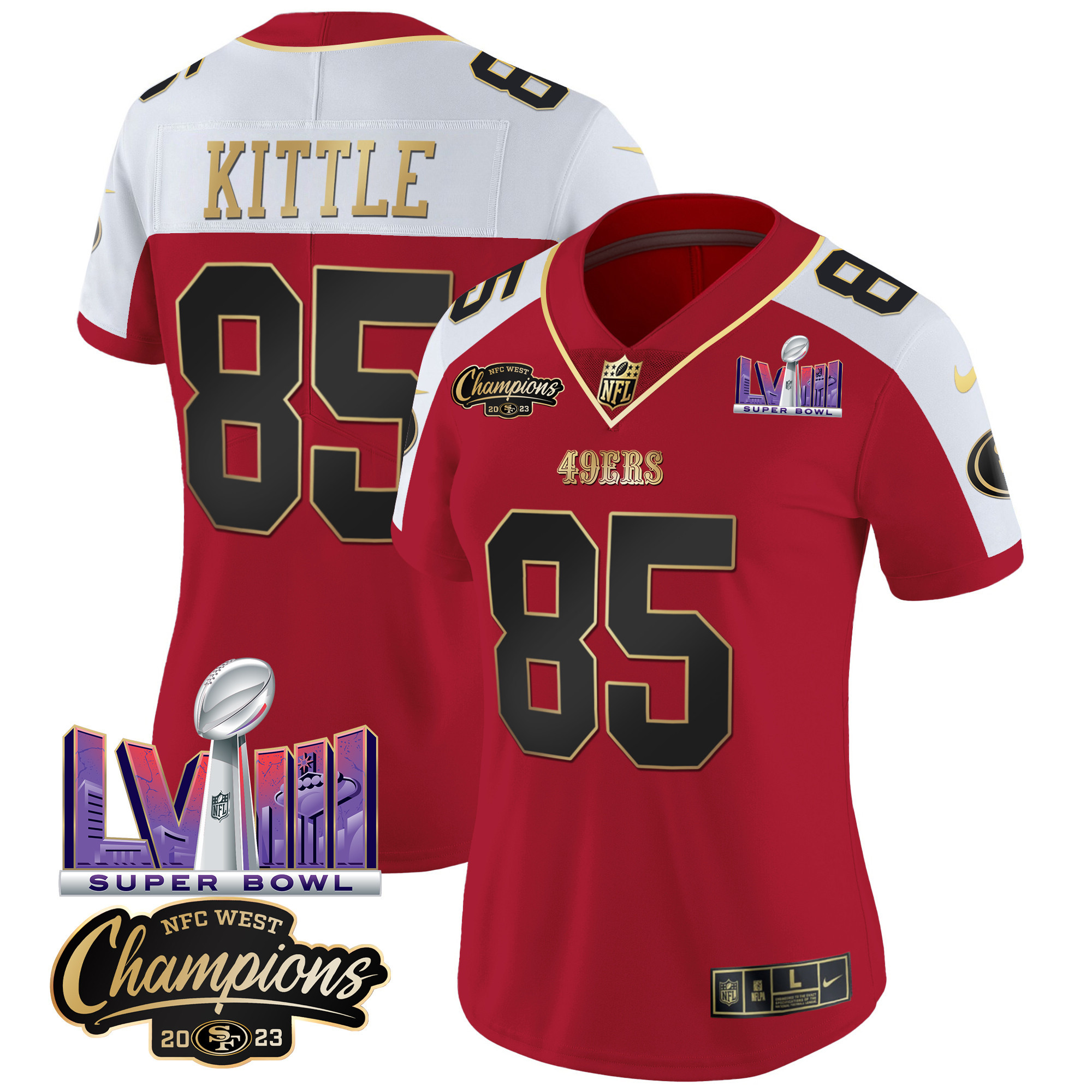 Women's George Kittle San Francisco 49ers NFC West Champions & Super Bowl LVIII Patch Vapor Alternate Jersey V2 - All Stitched