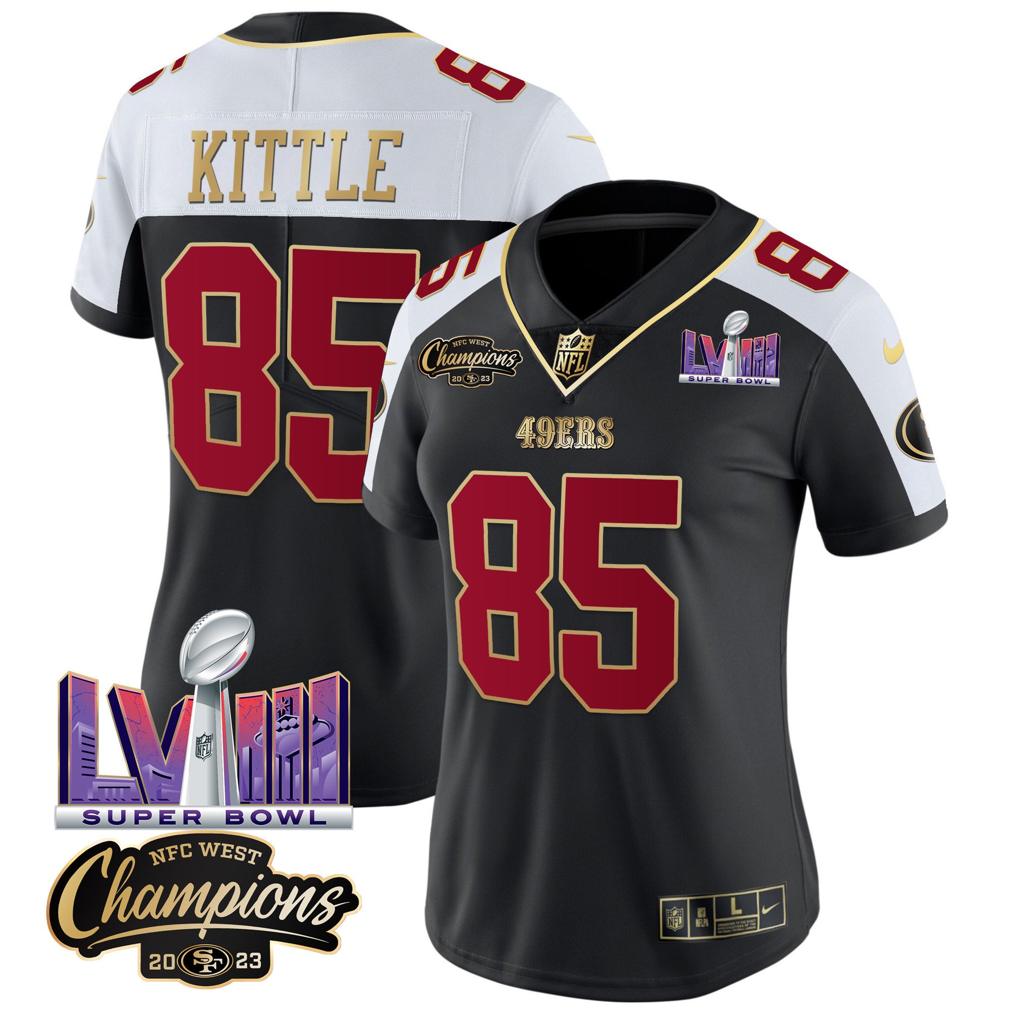 Women's George Kittle San Francisco 49ers NFC West Champions & Super Bowl LVIII Patch Vapor Black Alternate Jersey V2 - All Stitched