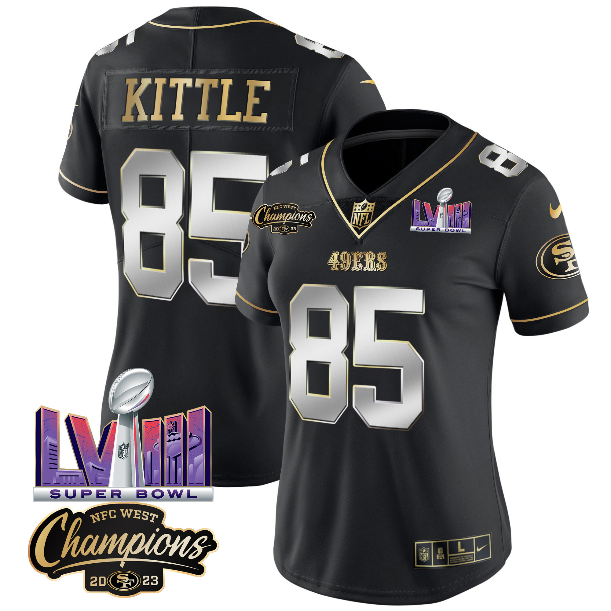 Women's George Kittle San Francisco 49ers NFC West Champions & Super Bowl LVIII Patch Vapor Black Limited Jersey V2 - All Stitched