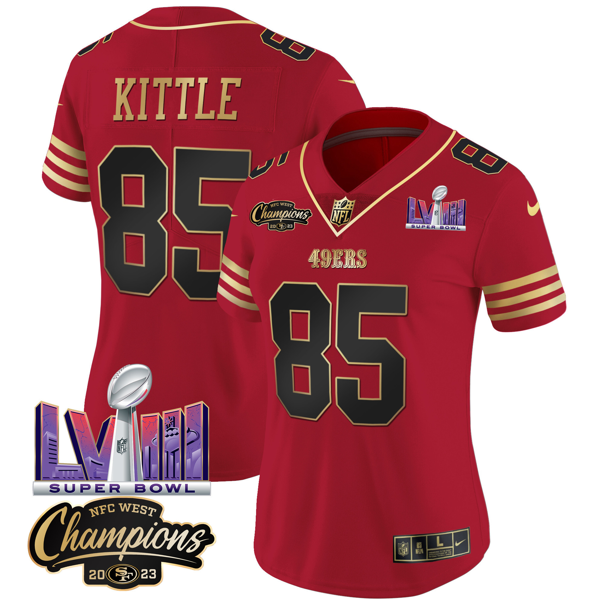 Women's George Kittle San Francisco 49ers NFC West Champions & Super Bowl LVIII Patch Vapor Black Scarlet Jersey V2 - All Stitched
