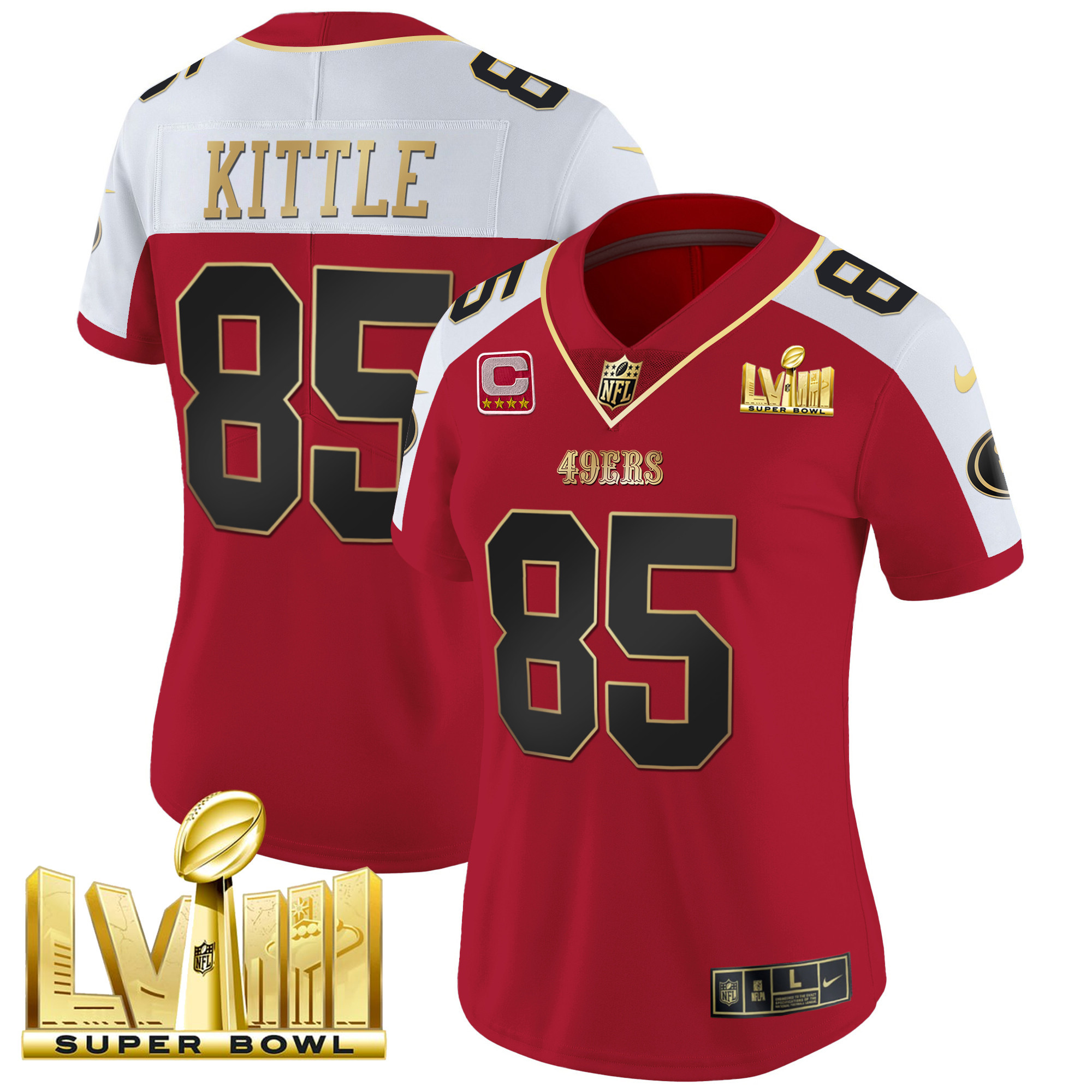 Women's George Kittle San Francisco 49ers Super Bowl LVIII Gold Patch Vapor Alternate Jersey - All Stitched