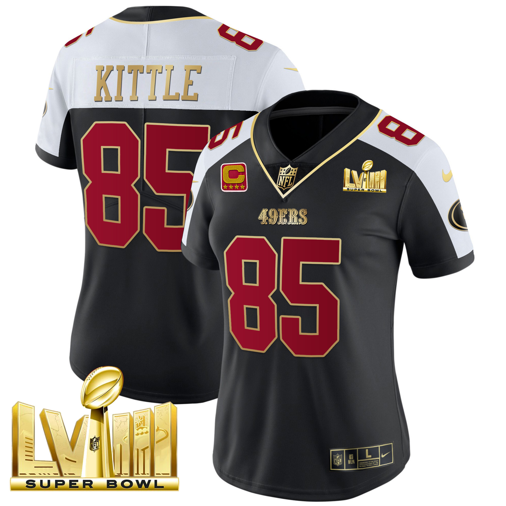 Women's George Kittle San Francisco 49ers Super Bowl LVIII Gold Patch Vapor Black Alternate Jersey - All Stitched