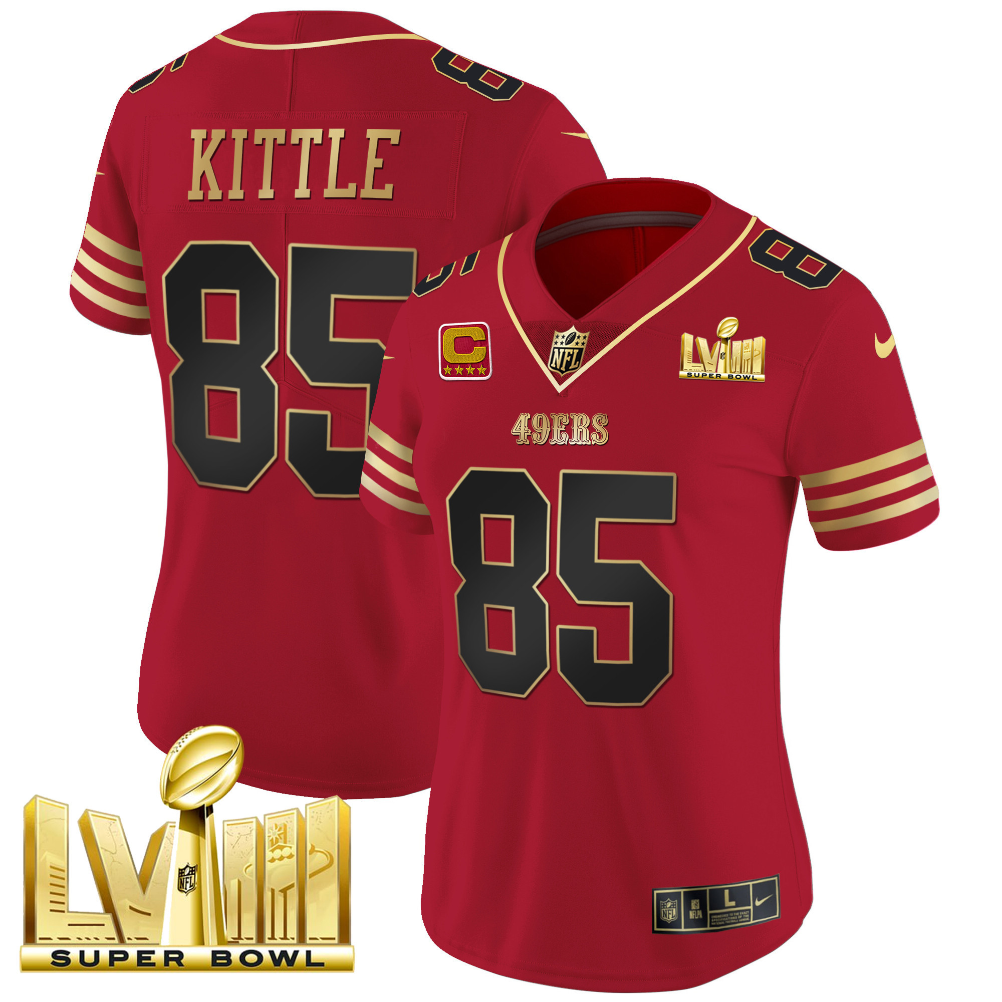 Women's George Kittle San Francisco 49ers Super Bowl LVIII Gold Patch Vapor Black Scarlet Jersey - All Stitched
