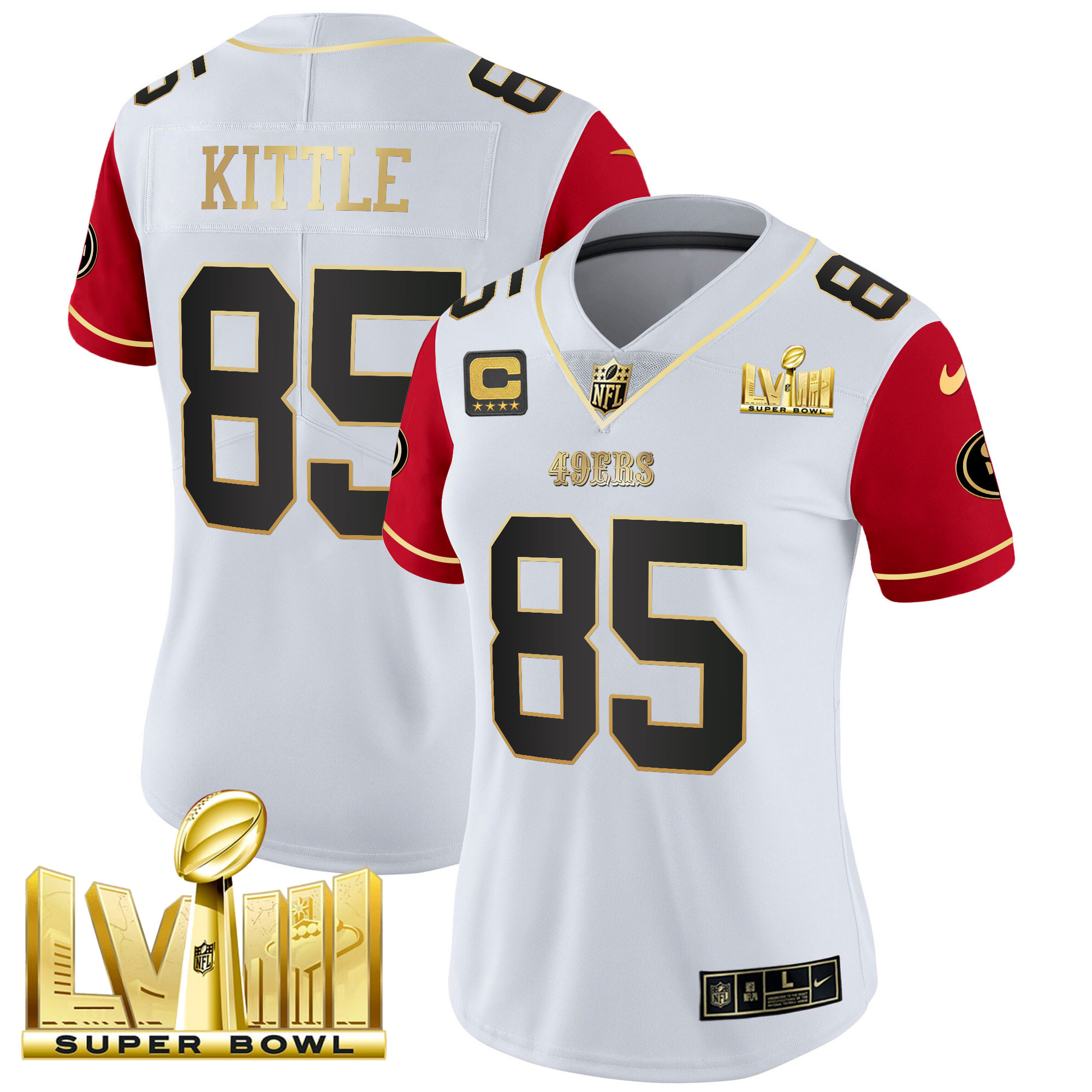 Women's George Kittle San Francisco 49ers Super Bowl LVIII Gold Patch Vapor Color Sleeves Jersey V2 - All Stitched