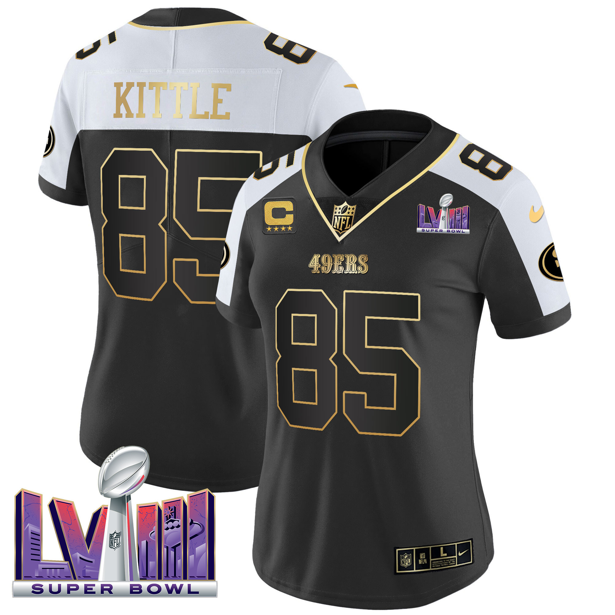 Women's George Kittle San Francisco 49ers Super Bowl LVIII Patch Vapor Black Alternate Jersey V2 - All Stitched