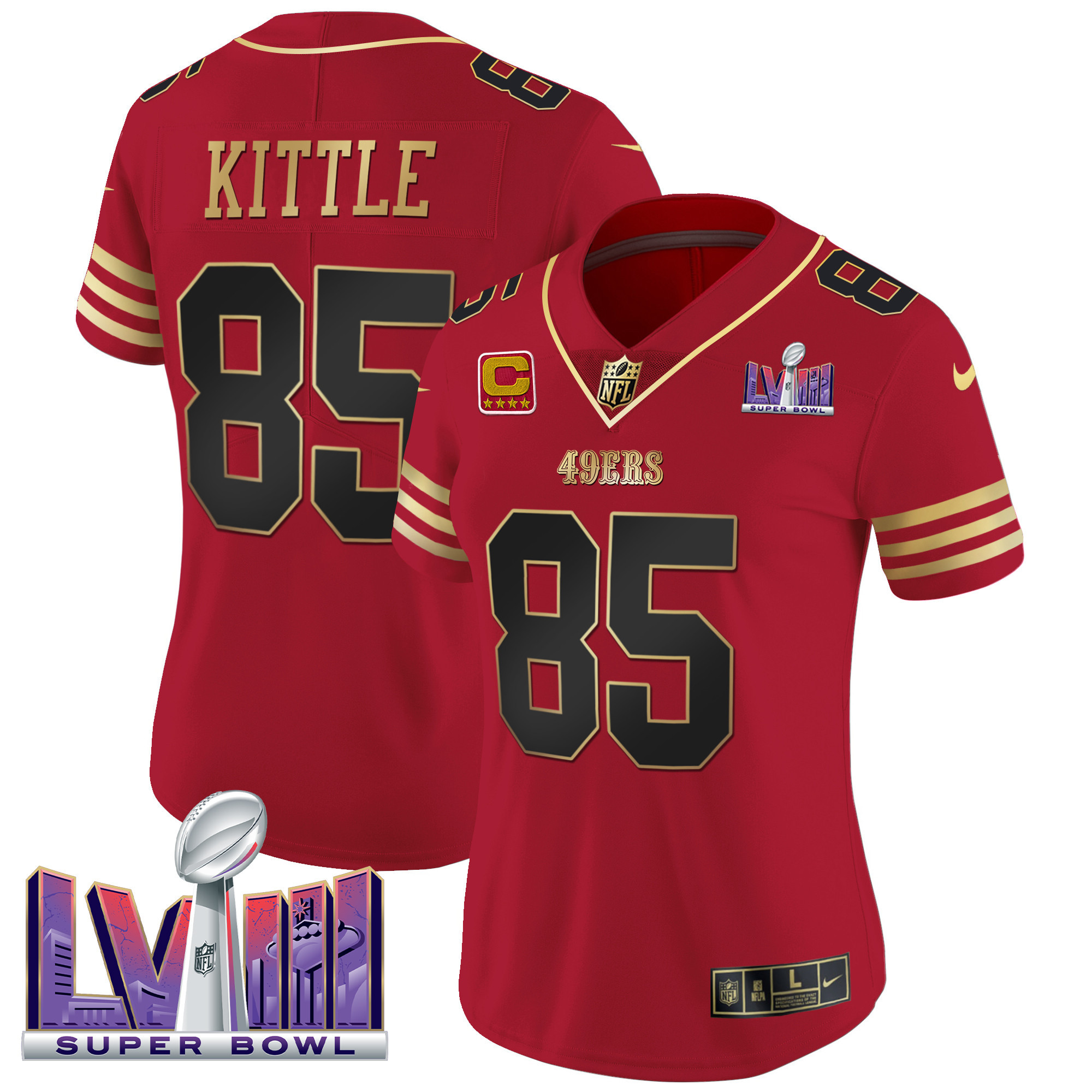 Women's George Kittle San Francisco 49ers Super Bowl LVIII Patch Vapor Black Scarlet Jersey - All Stitched
