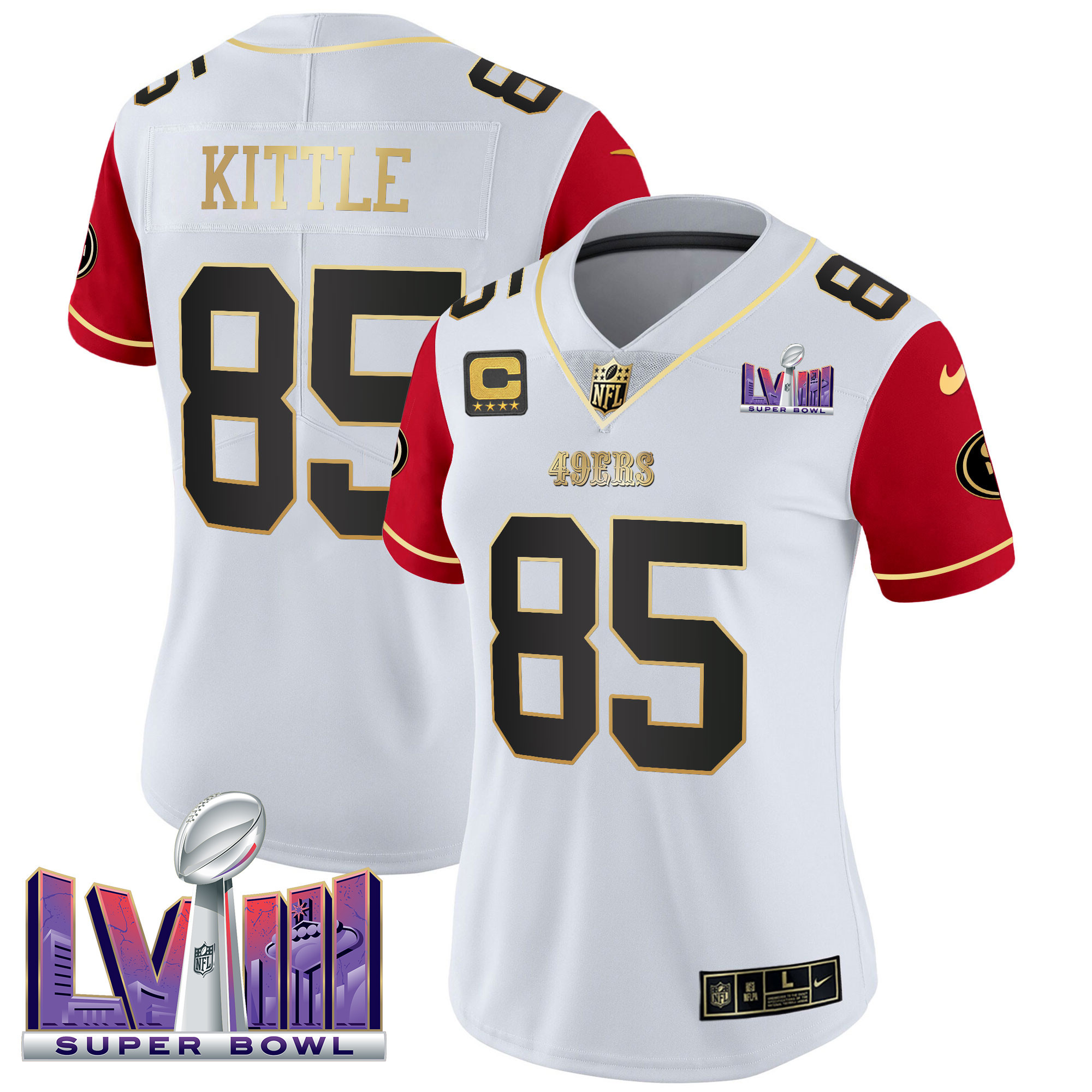 Women's George Kittle San Francisco 49ers Super Bowl LVIII Patch Vapor Color Sleeves Jersey V2 - All Stitched