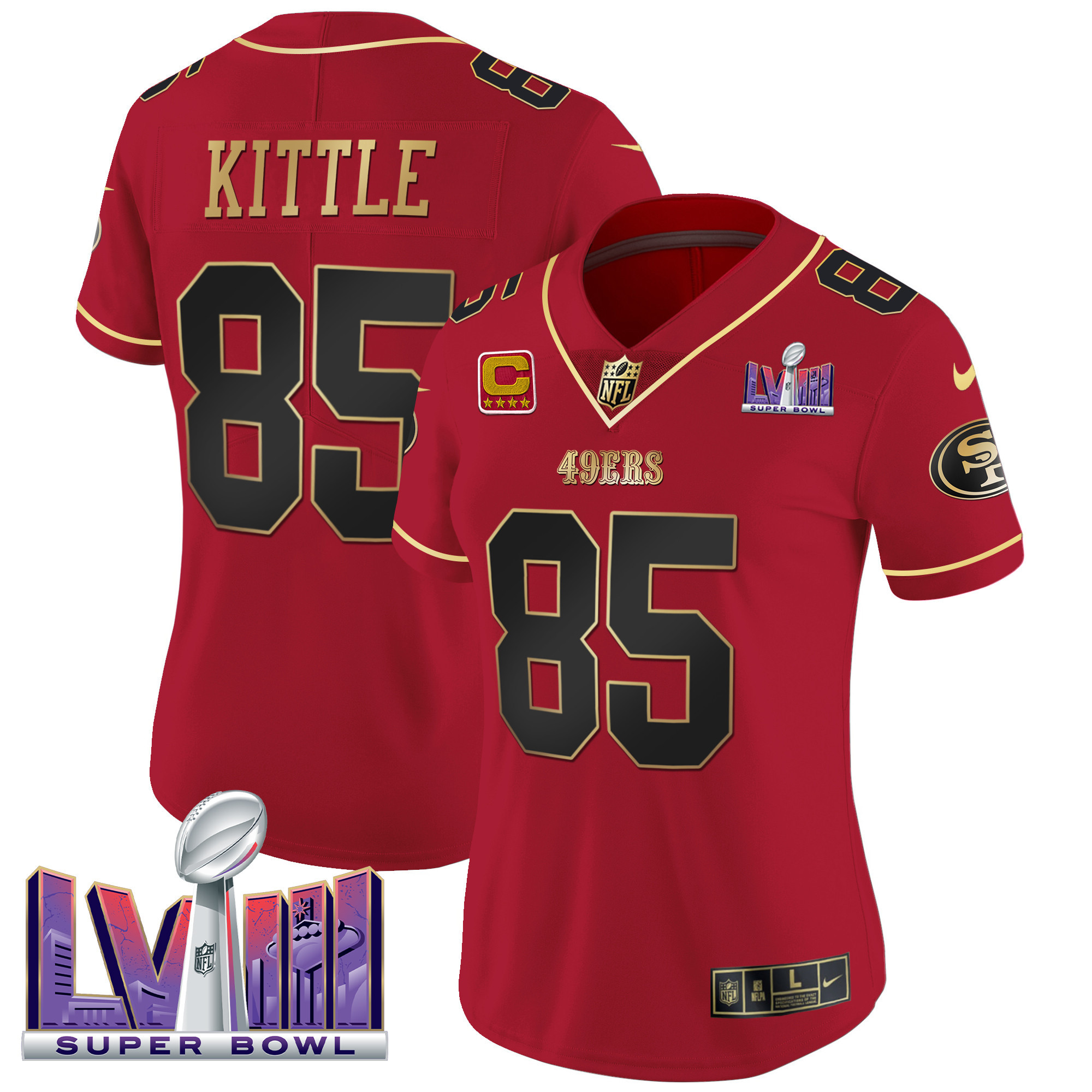 Women's George Kittle San Francisco 49ers Super Bowl LVIII Patch Vapor Scarlet Limited Jersey - All Stitched