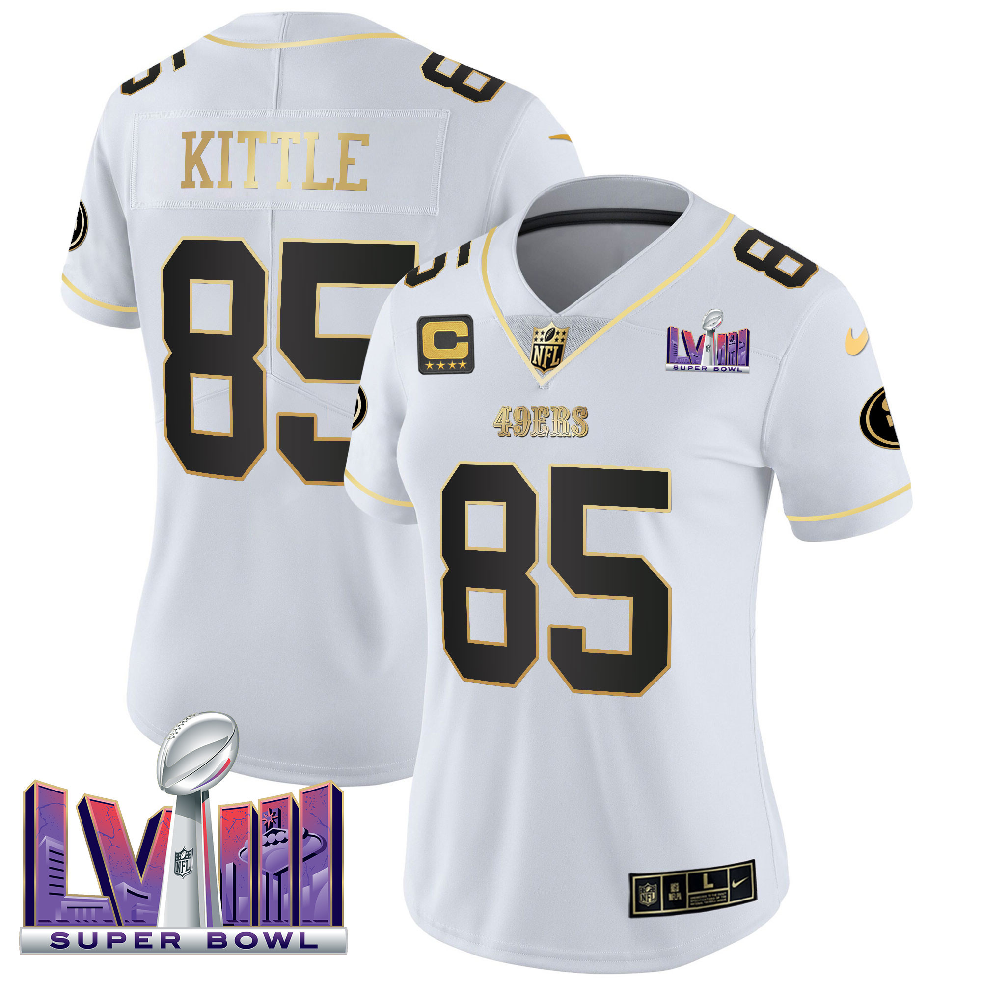 Women's George Kittle San Francisco 49ers Super Bowl LVIII Patch Vapor White Gold Jersey V2 - All Stitched