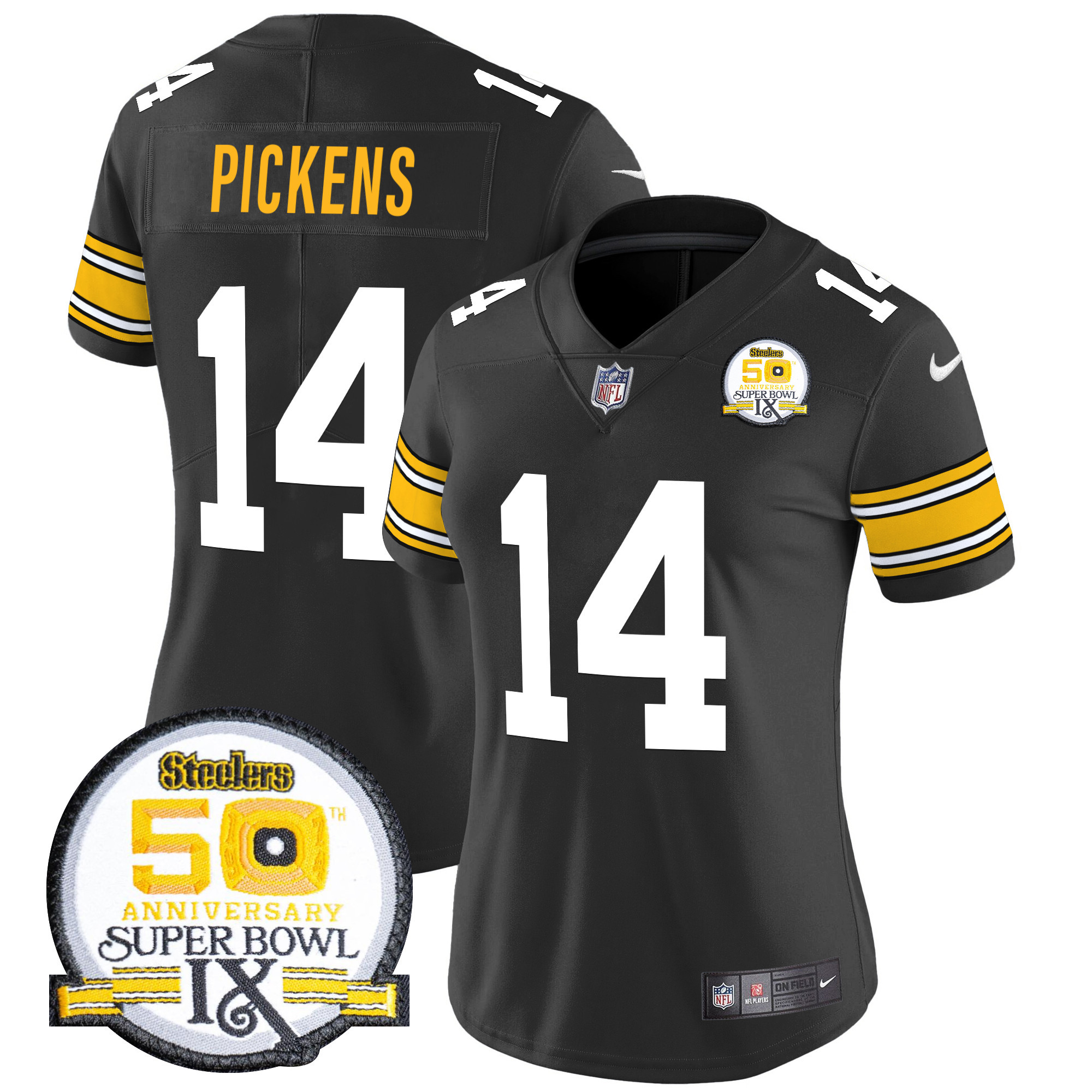 Women's George Pickens Pittsburgh Steelers 50th Anniversary Of Super Bowl IX Patch Vapor Limited 1975 Throwback Jersey - All Stitched