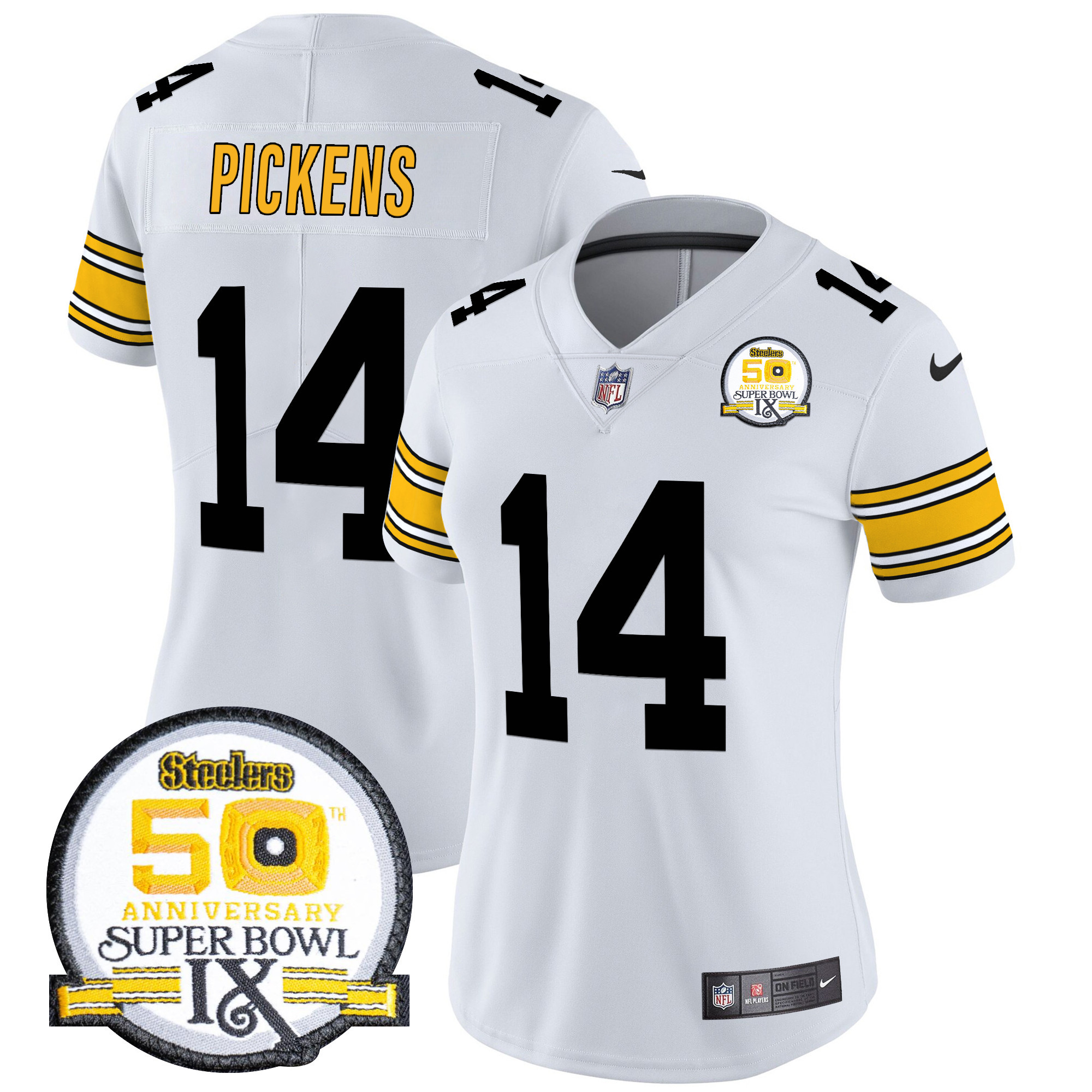 Women's George Pickens Pittsburgh Steelers 50th Anniversary Of Super Bowl IX Patch Vapor Limited 1975 White Jersey - All Stitched
