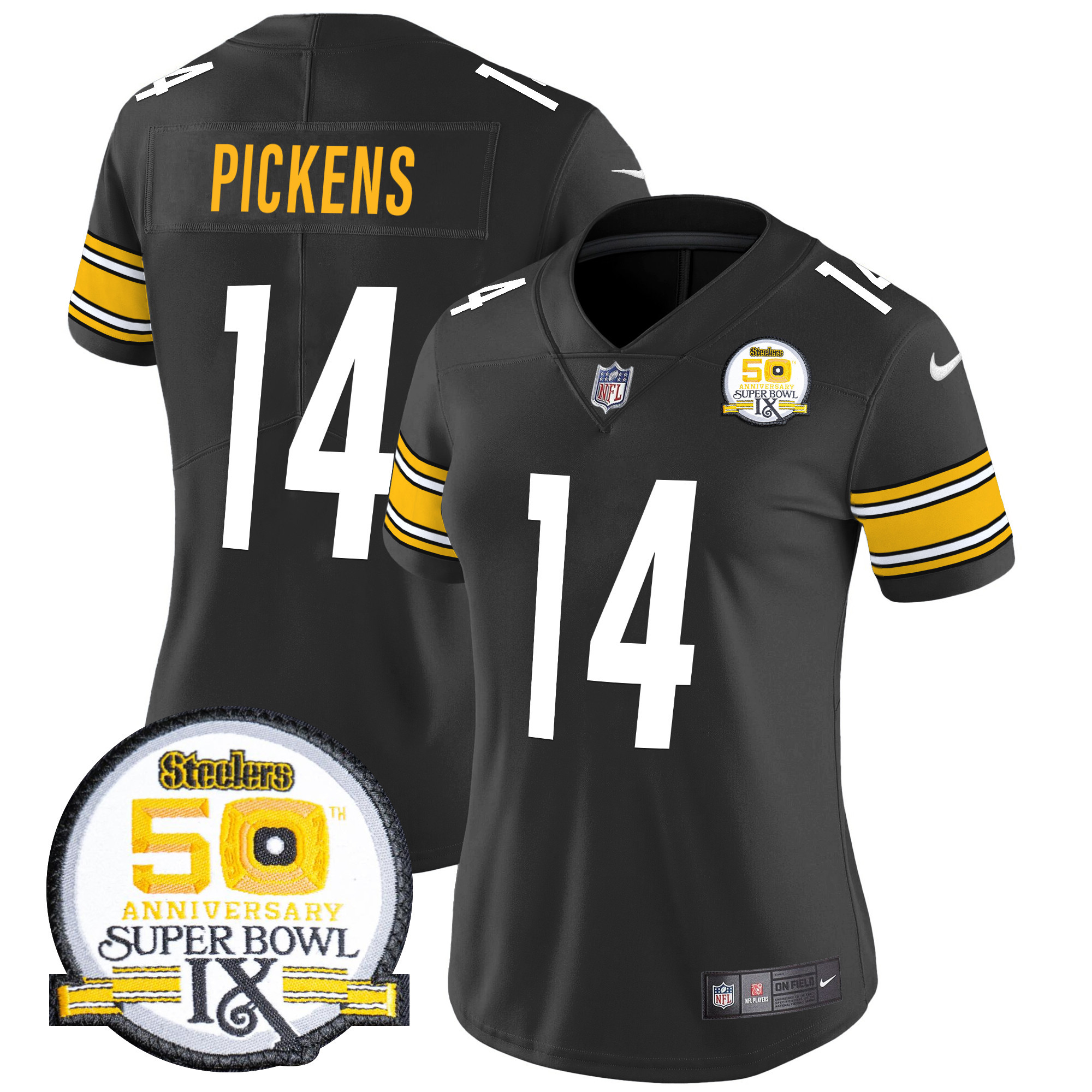 Women's George Pickens Pittsburgh Steelers 50th Anniversary Of Super Bowl IX Patch Vapor Limited Black Jersey - All Stitched