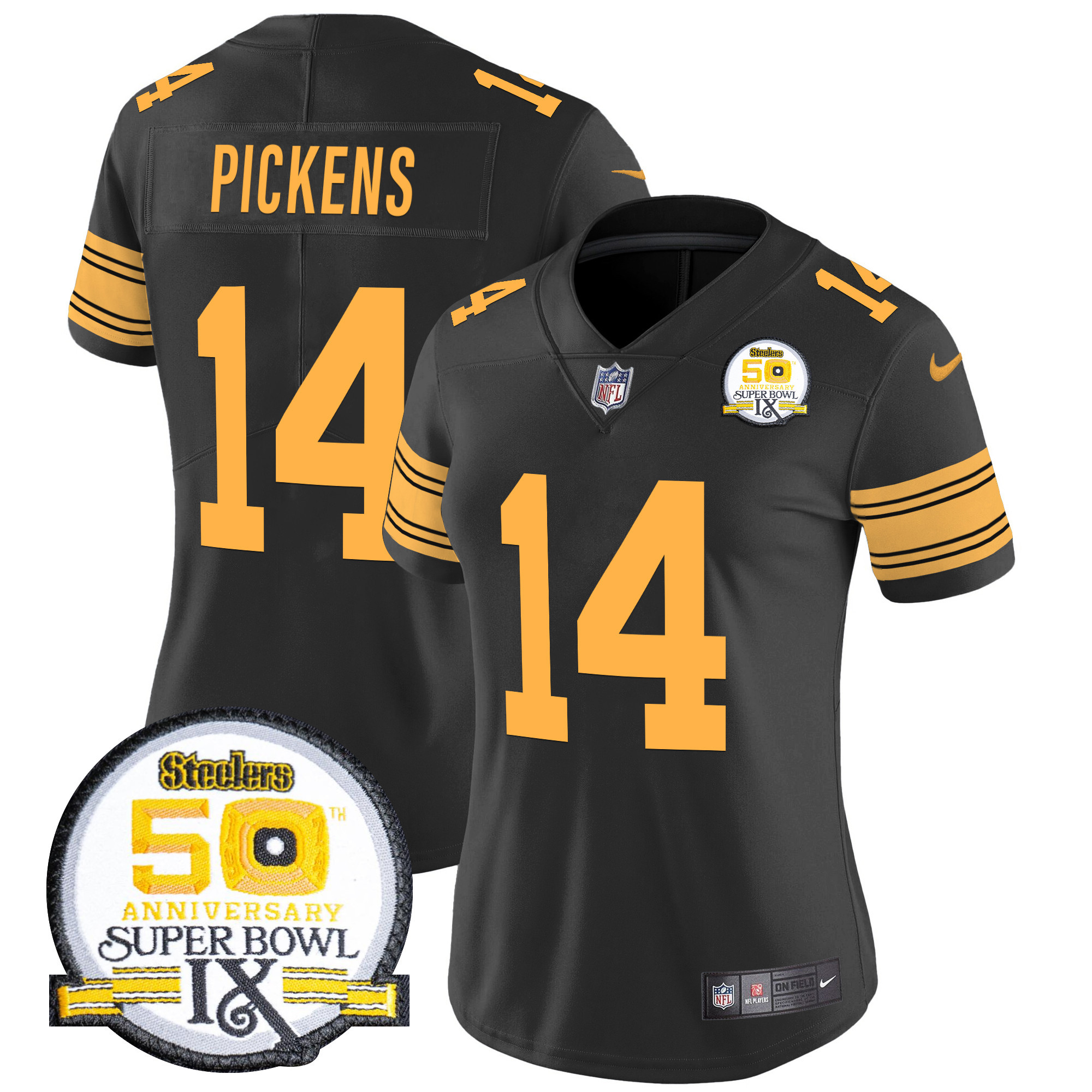 Women's George Pickens Pittsburgh Steelers 50th Anniversary Of Super Bowl IX Patch Vapor Limited Color Rush Jersey - All Stitched