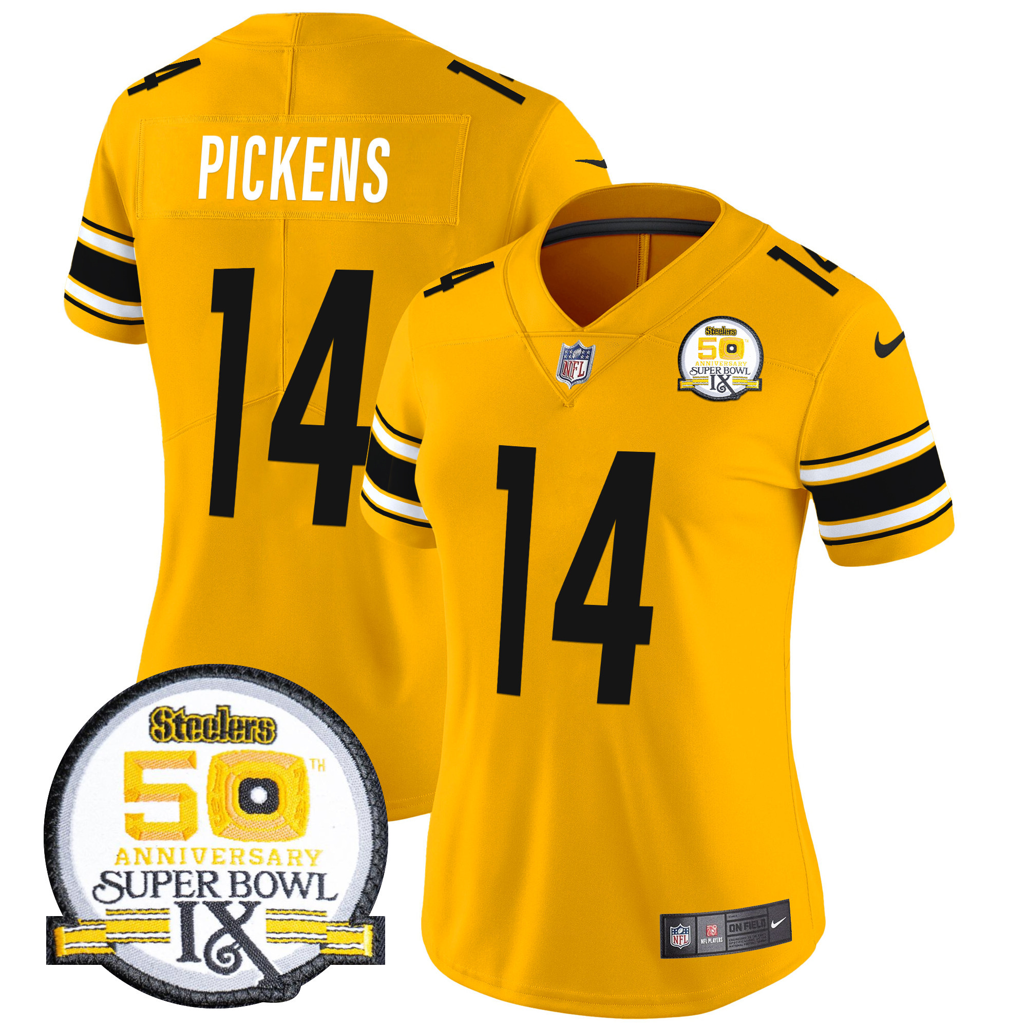 Women's George Pickens Pittsburgh Steelers 50th Anniversary Of Super Bowl IX Patch Vapor Limited Gold Jersey - All Stitched