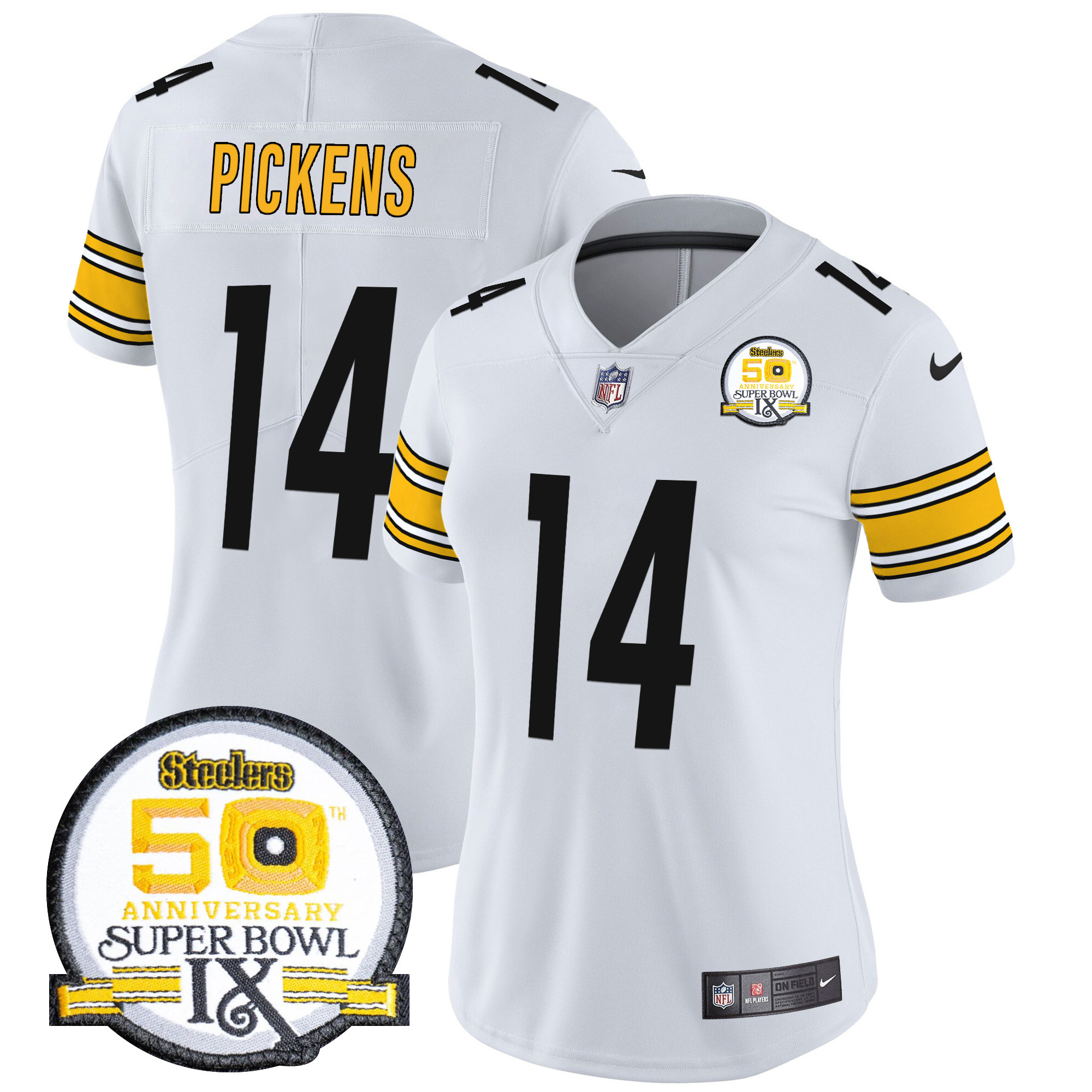 Women's George Pickens Pittsburgh Steelers 50th Anniversary Of Super Bowl IX Patch Vapor Limited White Jersey - All Stitched