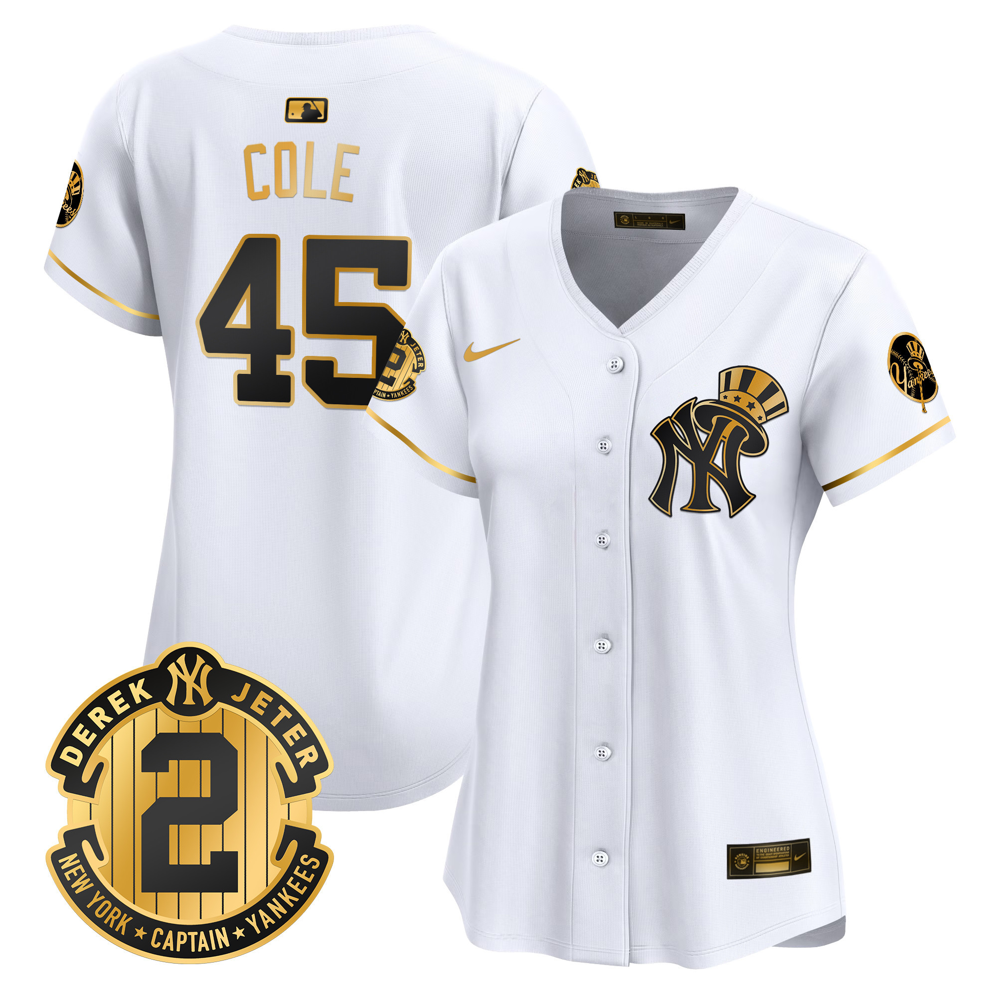 Women's Gerrit Cole New York Yankees Derek Jeter Patch Vapor Premier Limited White Gold Jersey V2 - All Stitched