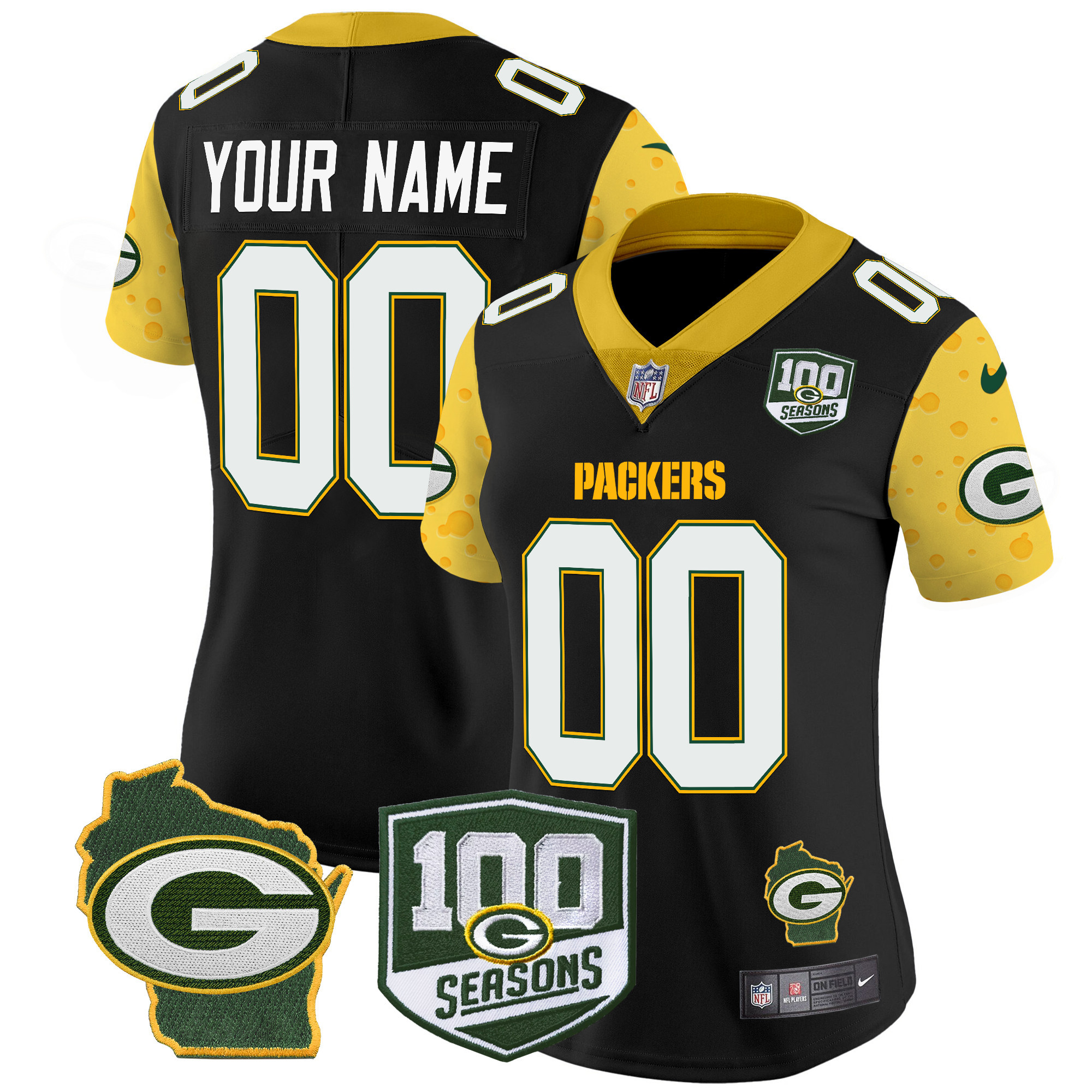 Women's Green Bay Packers 100th Season & Home Patch Cheese Vapor Limited Custom Black Jersey – All Stitched