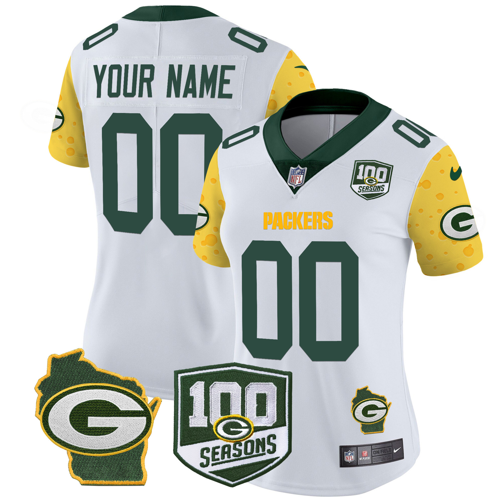 Women's Green Bay Packers 100th Season & Home Patch Cheese Vapor Limited Custom White Jersey – All Stitched