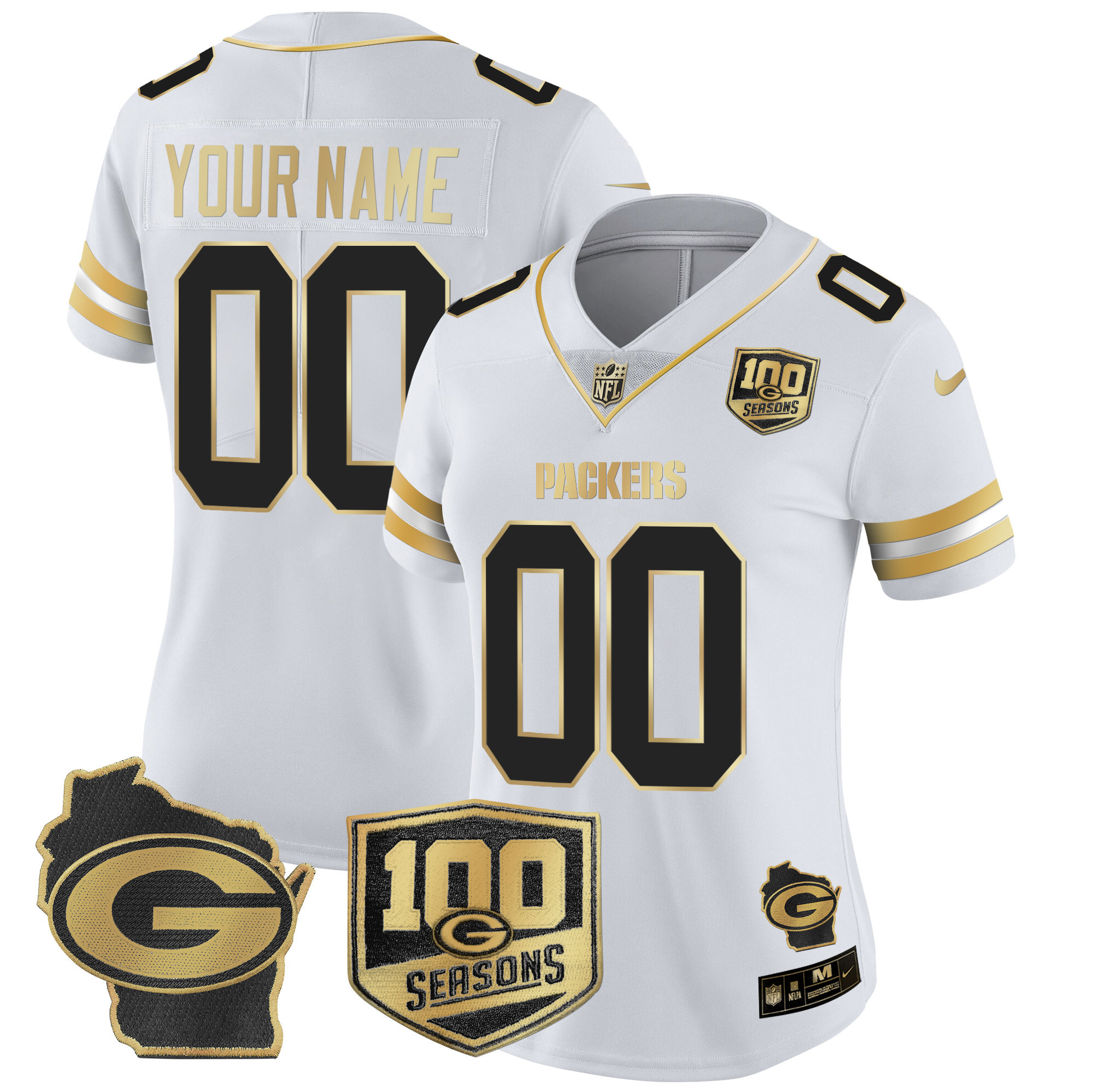 Women's Green Bay Packers 100th Season & Home Patch Gold Vapor Limited Custom White Gold Jersey – All Stitched