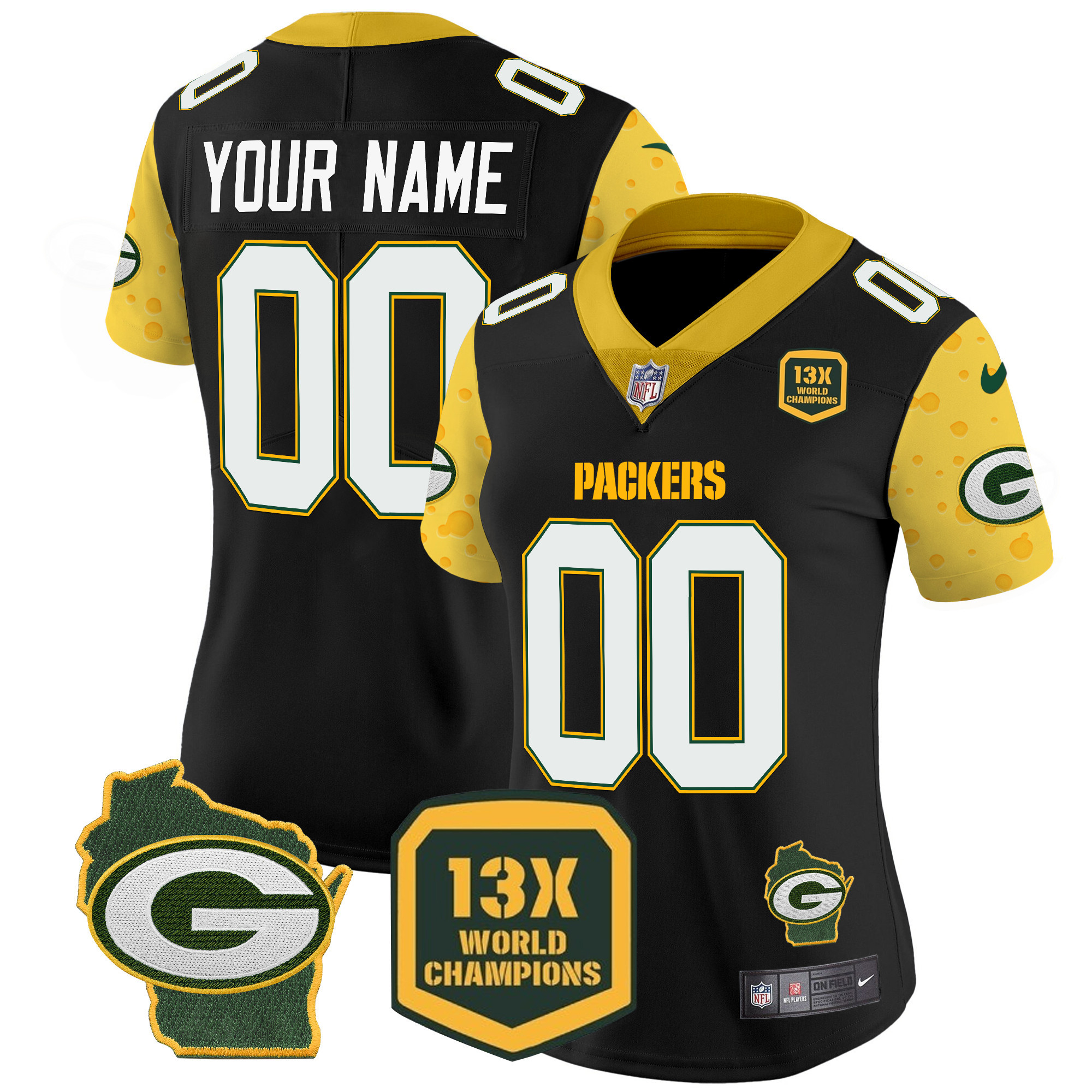 Women's Green Bay Packers Cheese Vapor Limited Custom Black Jersey – All Stitched