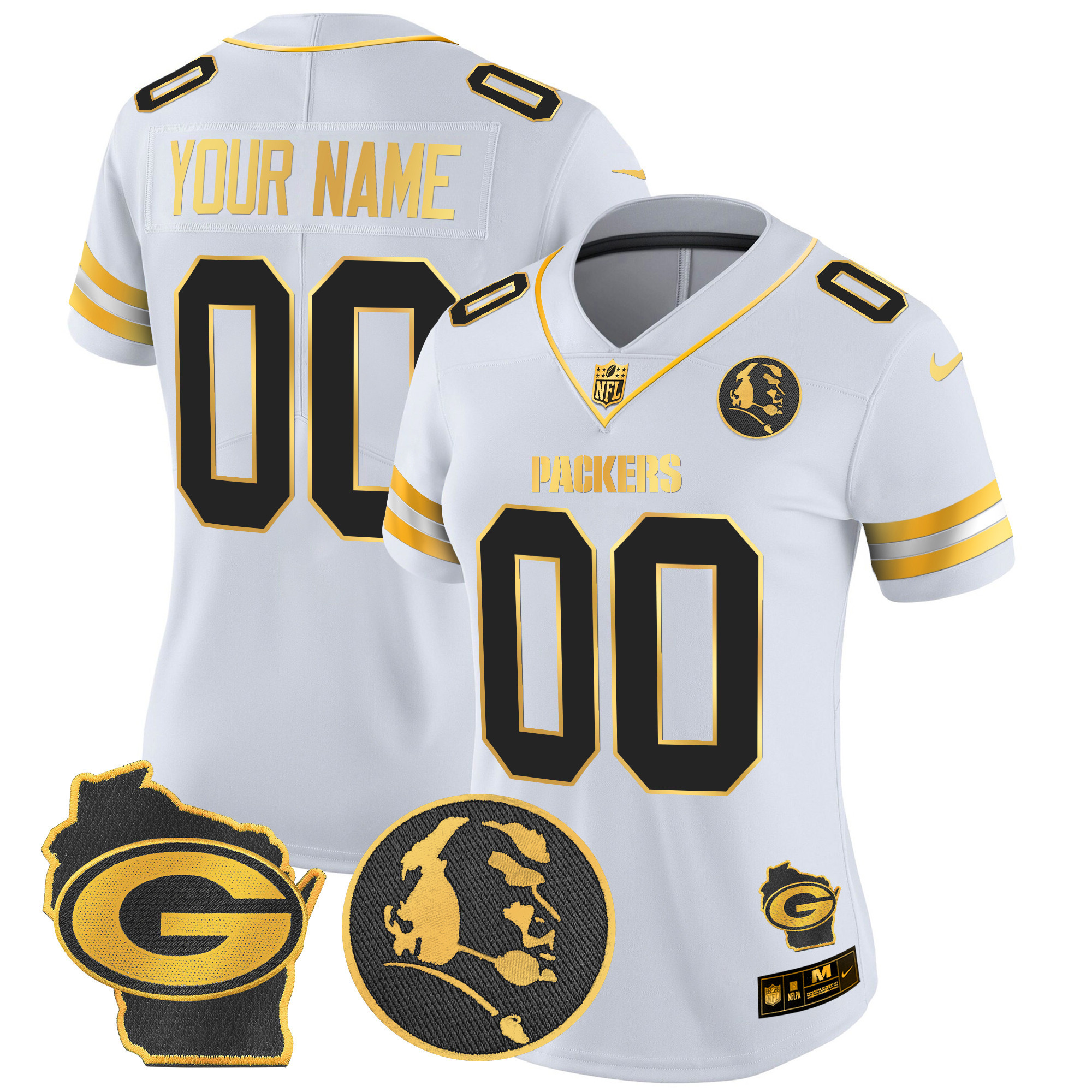 Women's Green Bay Packers John Madden & Home Patch Gold Vapor Limited Custom White Gold Jersey - All Stitched