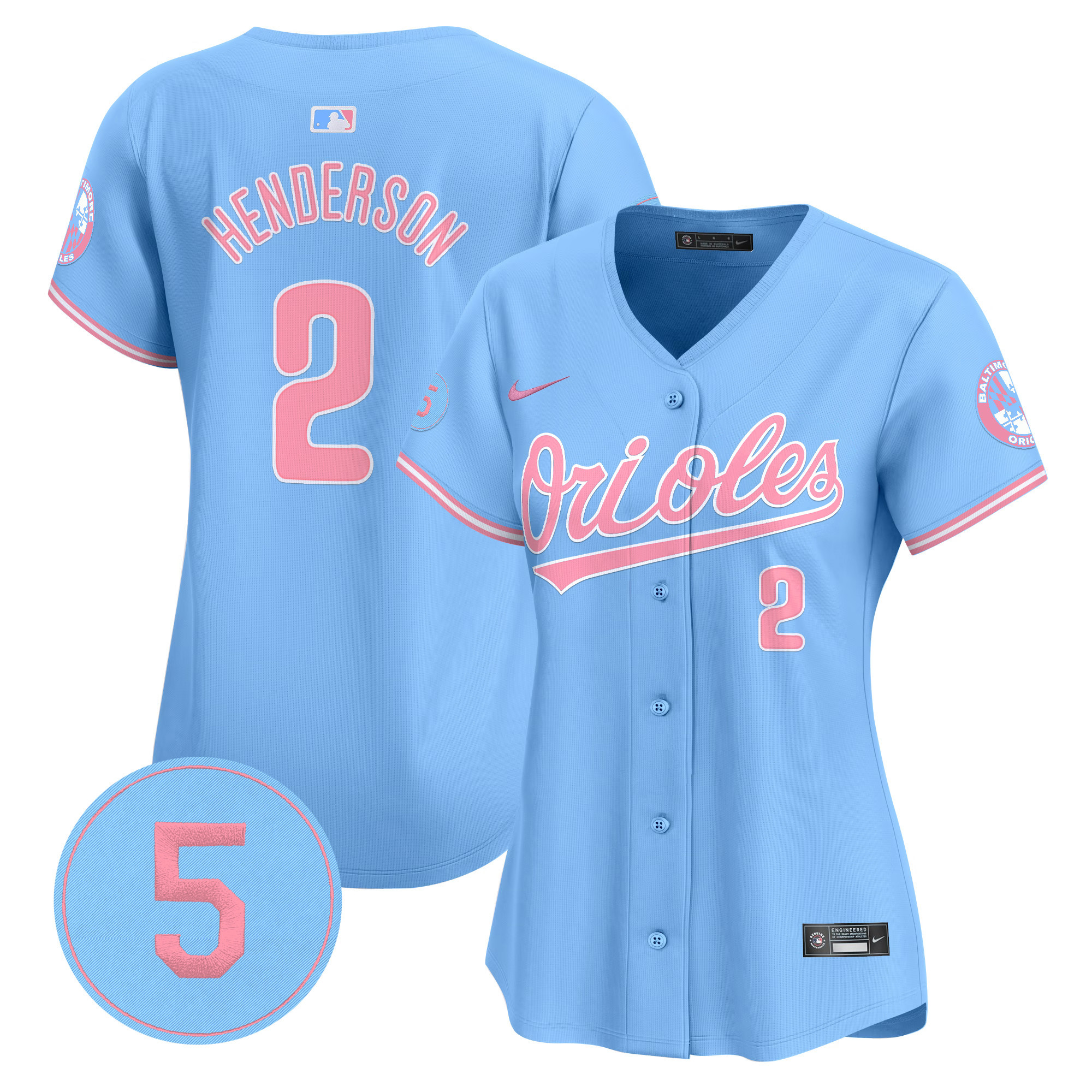 Women's Gunnar Henderson Baltimore Orioles Bubblegum Pink Robinson Patch Vapor Premier Limited Light Blue Jersey - All Stitched