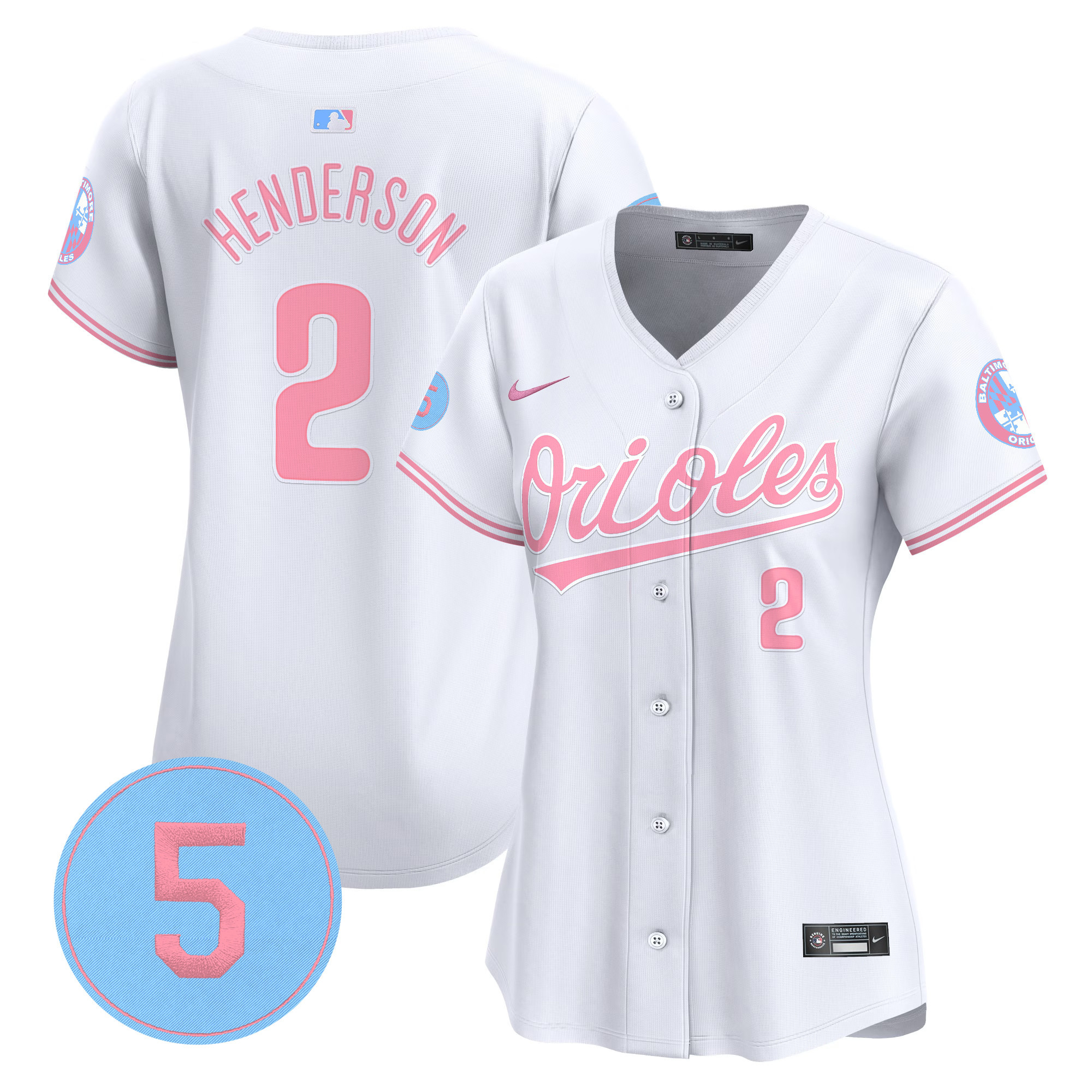 Women's Gunnar Henderson Baltimore Orioles Bubblegum Pink Robinson Patch Vapor Premier Limited White Jersey - All Stitched