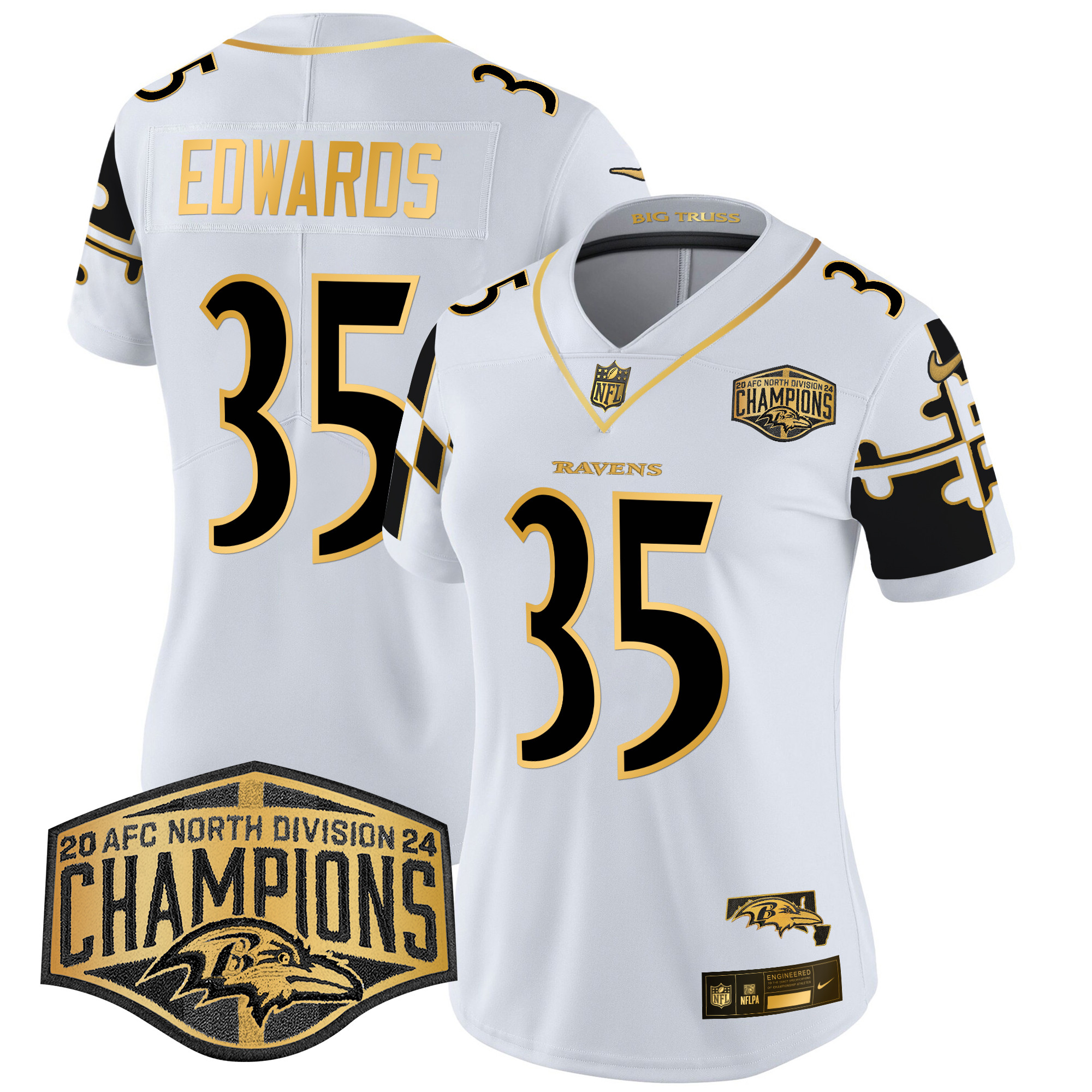 Women's Gus Edwards Baltimore Ravens Maryland Flag Map 2024 AFC North Division Champions Patch Gold Vapor Limited White Gold Jersey - All Stitched
