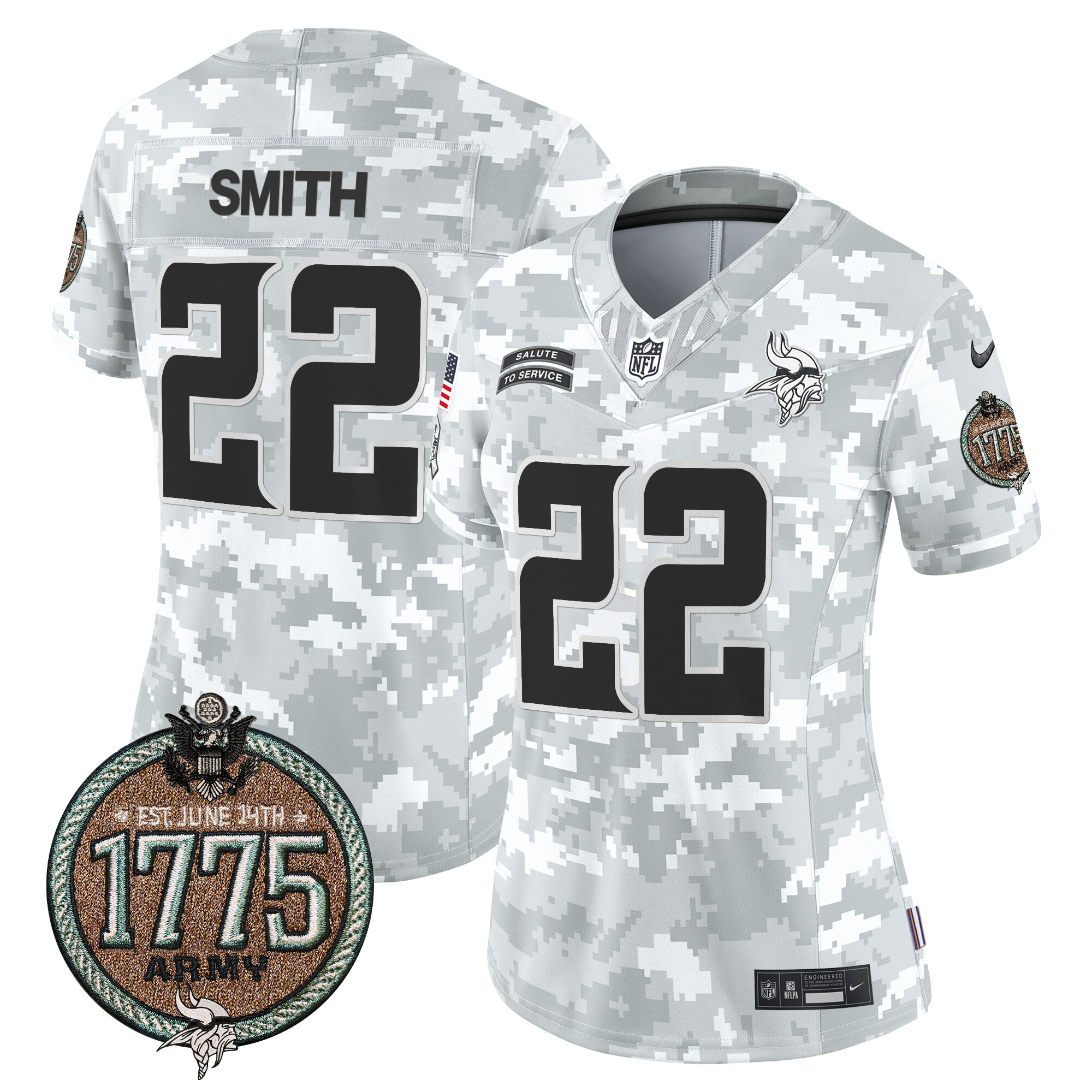 Women's Harrison Smith Minnesota Vikings 2024 Salute to Service Establishment Year Patch Vapor Limited Army Jersey - All Stitched
