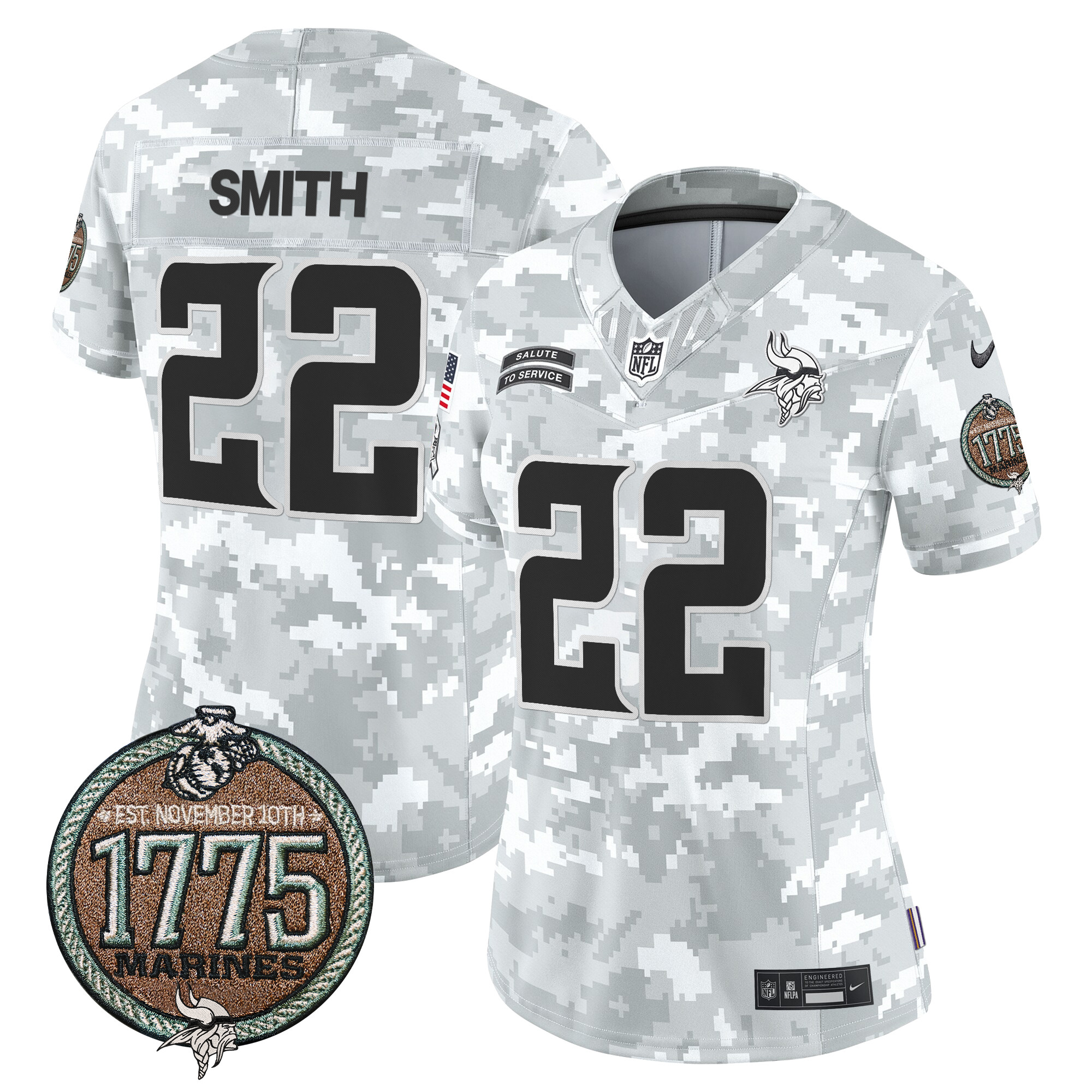Women's Harrison Smith Minnesota Vikings 2024 Salute to Service Establishment Year Patch Vapor Limited Marines Jersey - All Stitched